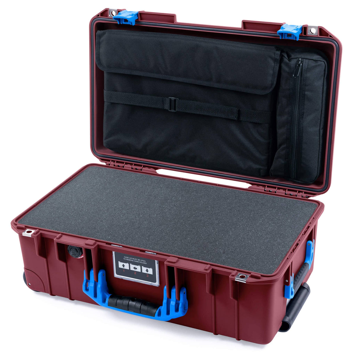 Pelican 1535 Air Case, Oxblood with Blue Handles &amp; Latches Pick &amp; Pluck Foam with Laptop Computer Lid Pouch ColorCase 015350-0201-510-121