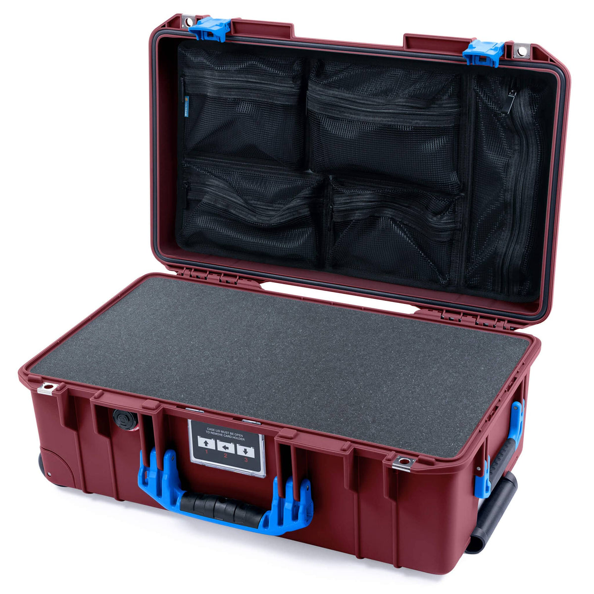 Pelican 1535 Air Case, Oxblood with Blue Handles &amp; Latches Pick &amp; Pluck Foam with Mesh Lid Organizer ColorCase 015350-0101-510-121