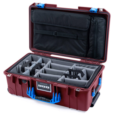 Pelican 1535 Air Case, Oxblood with Blue Handles & Latches Gray Padded Microfiber Dividers with Laptop Computer Lid Pouch ColorCase 015350-0270-510-121