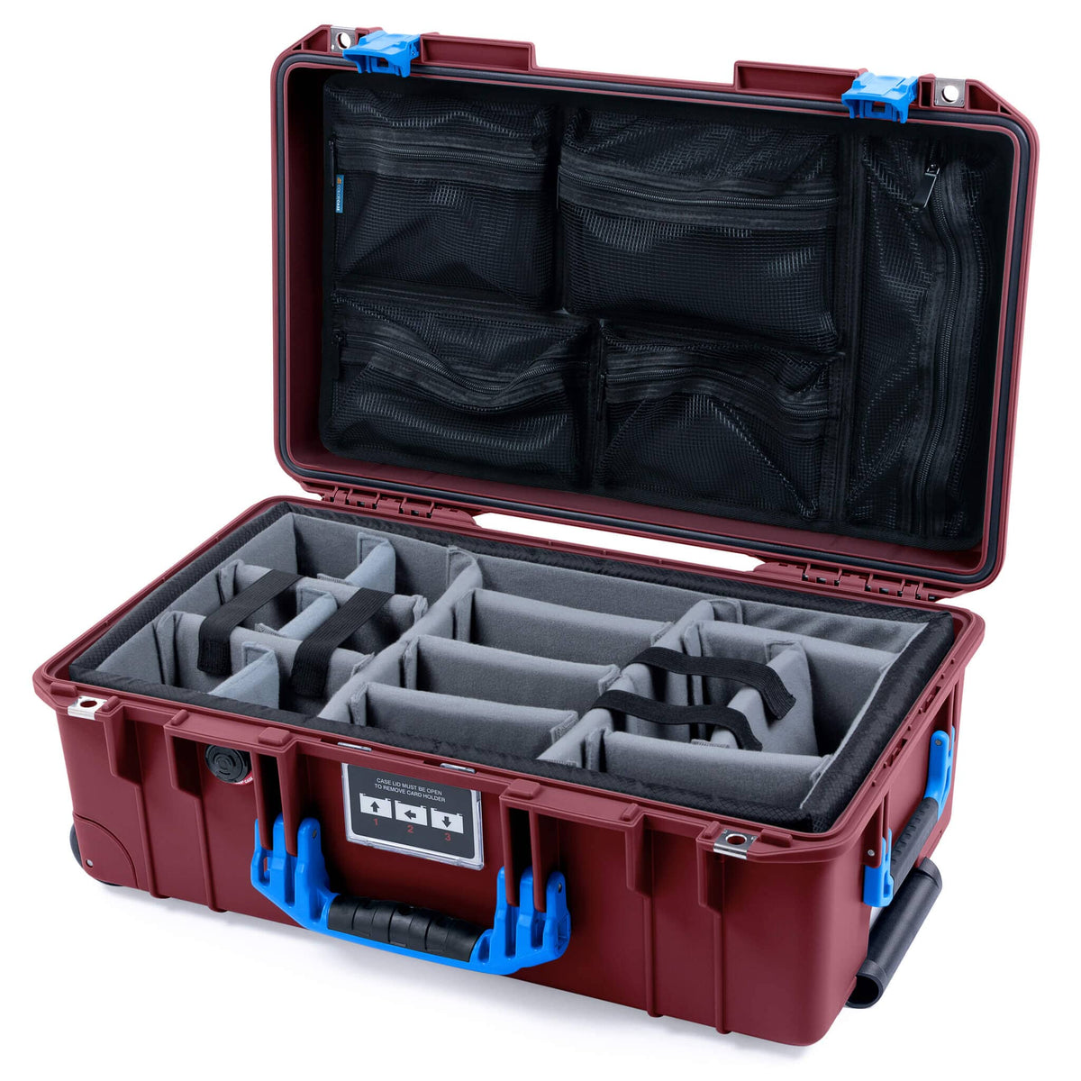 Pelican 1535 Air Case, Oxblood with Blue Handles &amp; Latches Gray Padded Microfiber Dividers with Mesh Lid Organizer ColorCase 015350-0170-510-121