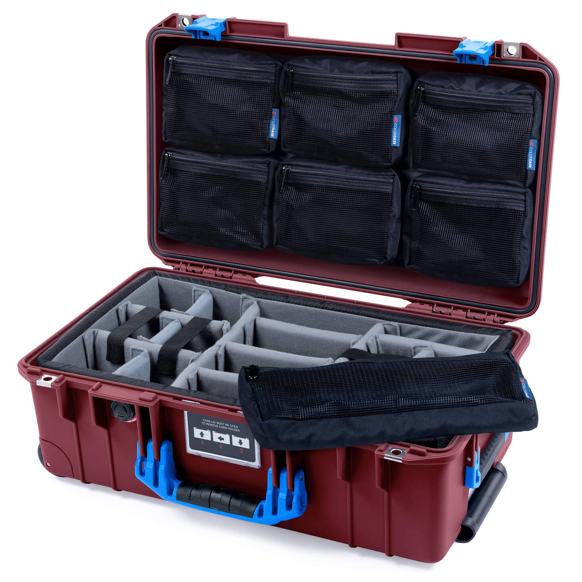 Pelican 1535 Air Case, Oxblood with Blue Handles & Latches Gray Padded Microfiber Dividers with 7-Piece Removable Mesh Pouches ColorCase 015350-0770-510-121