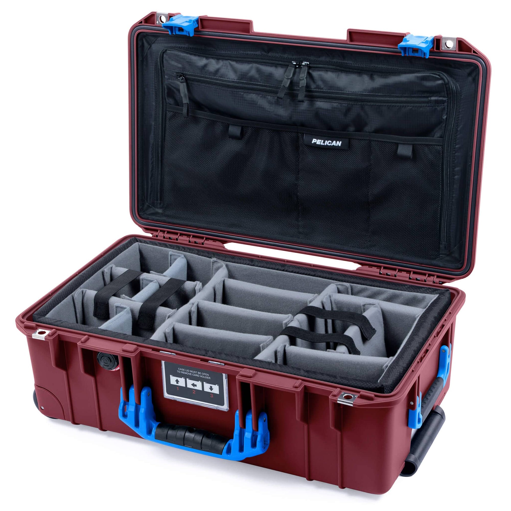 Pelican 1535 Air Case, Oxblood with Blue Handles & Latches Gray Padded Microfiber Dividers with TRVL Combo-Pouch Lid Organizer ColorCase 015350-0370-510-121