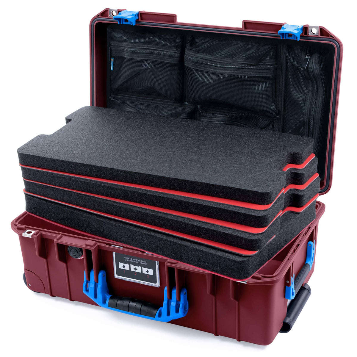 Pelican 1535 Air Case, Oxblood with Blue Handles &amp; Latches Custom Tool Kit (4 Foam Inserts with Mesh Lid Organizers) ColorCase 015350-0160-510-121