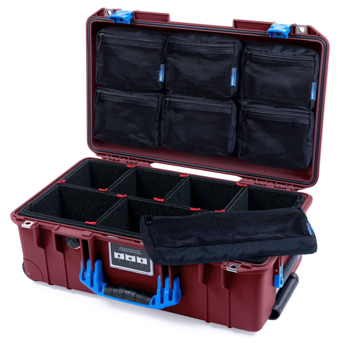Pelican 1535 Air Case, Oxblood with Blue Handles &amp; Latches TrekPak Divider System with 7-Piece Removable Mesh Pouches ColorCase 015350-0720-510-121