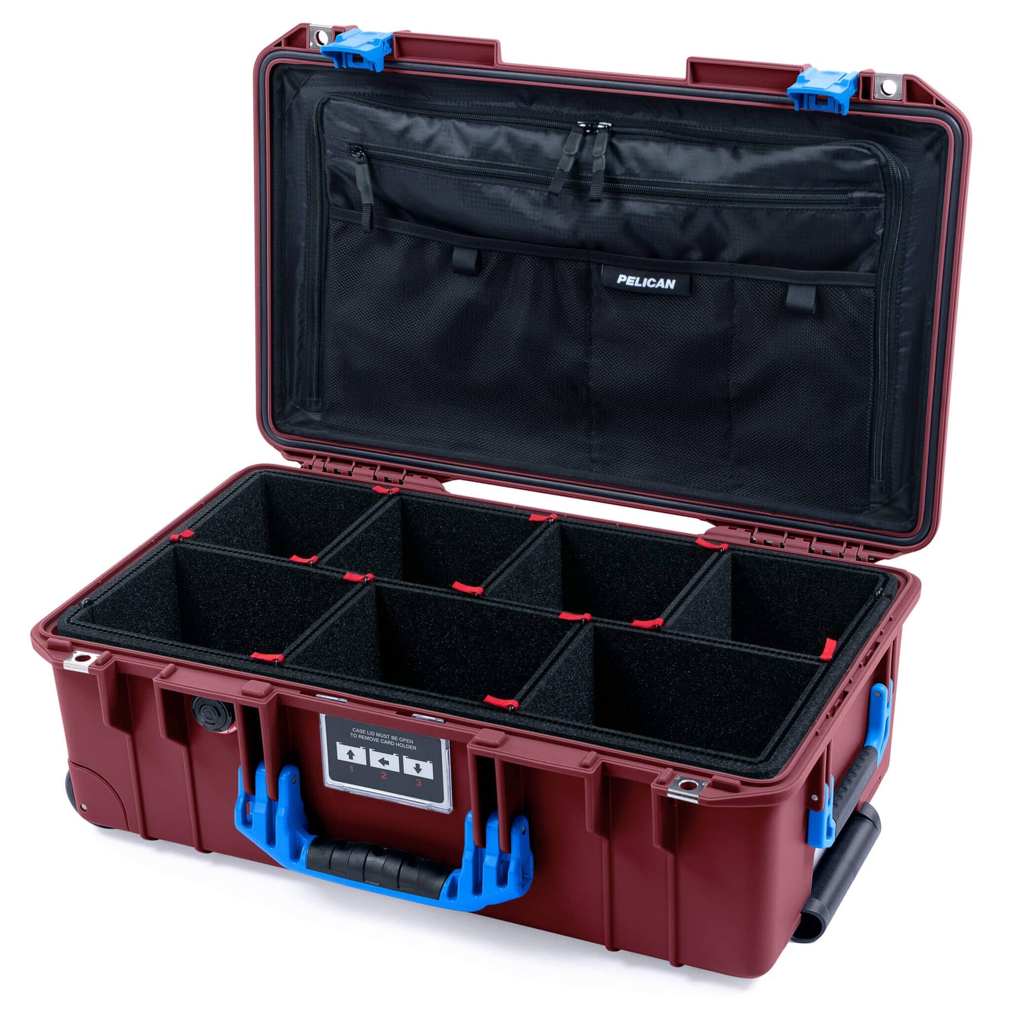 Pelican 1535 Air Case, Oxblood with Blue Handles & Latches TrekPak Divider System with TRVL Combo-Pouch Lid Organizer ColorCase 015350-0320-510-121