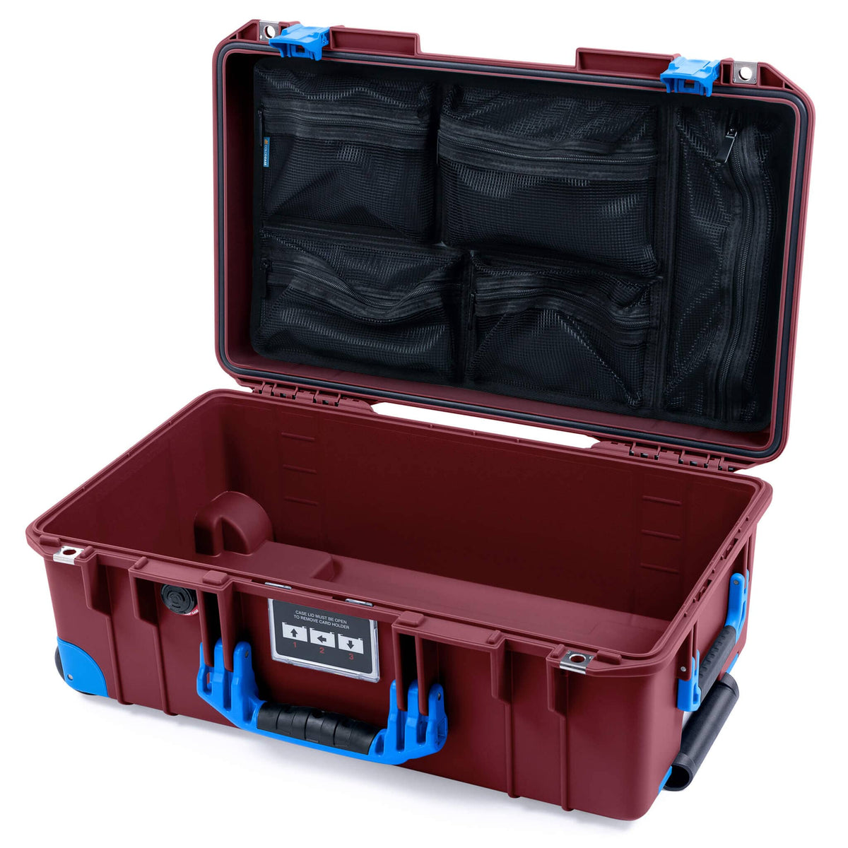 Pelican 1535 Air Case, Oxblood with Blue Handles, Latches &amp; Trolley Mesh Lid Organizer Only ColorCase 015350-0100-510-121-120