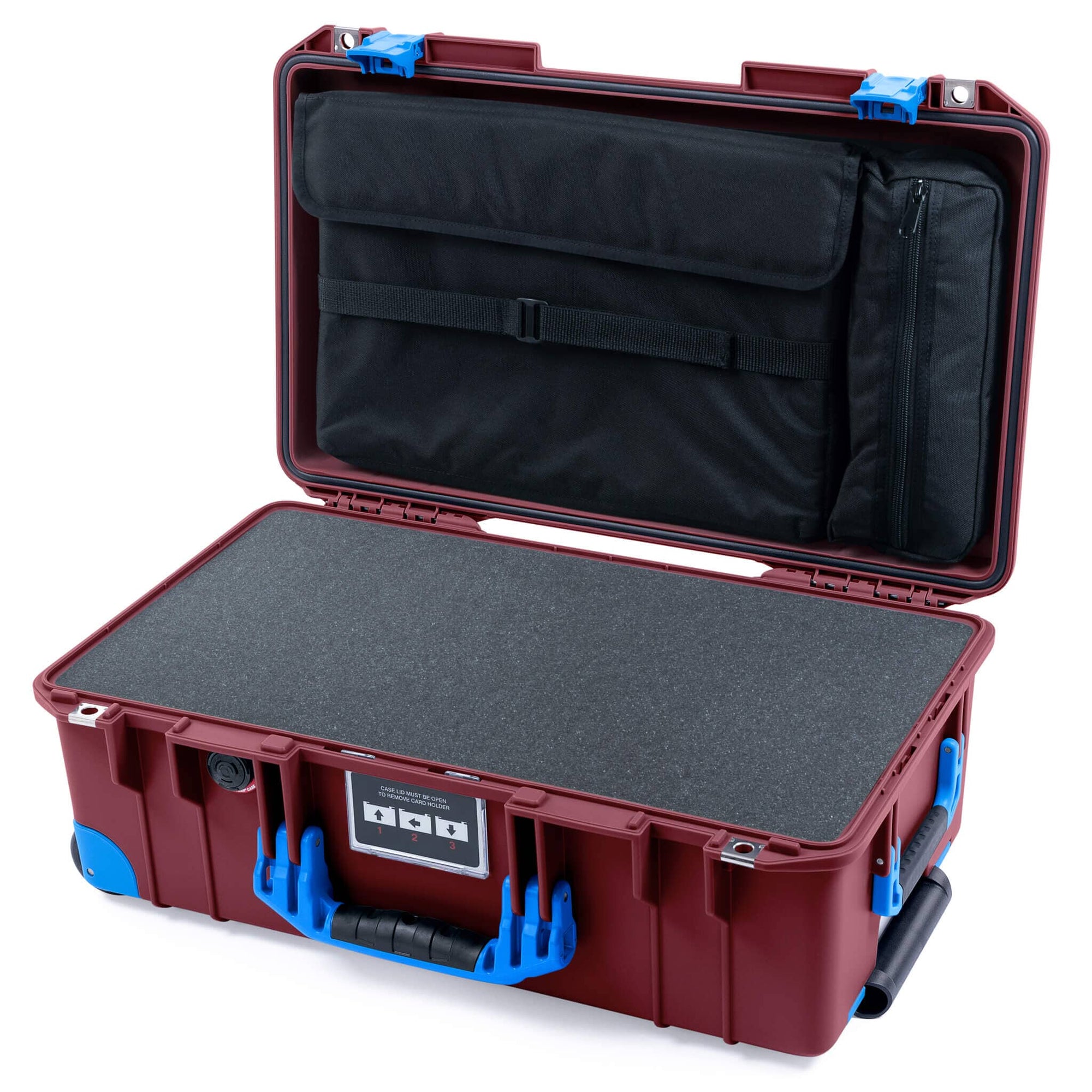 Pelican 1535 Air Case, Oxblood with Blue Handles, Latches & Trolley Pick & Pluck Foam with Laptop Computer Lid Pouch ColorCase 015350-0201-510-121-120