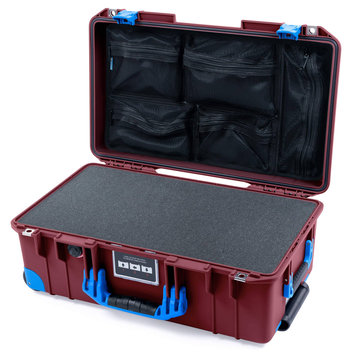 Pelican 1535 Air Case, Oxblood with Blue Handles, Latches &amp; Trolley Pick &amp; Pluck Foam with Mesh Lid Organizer ColorCase 015350-0101-510-121-120