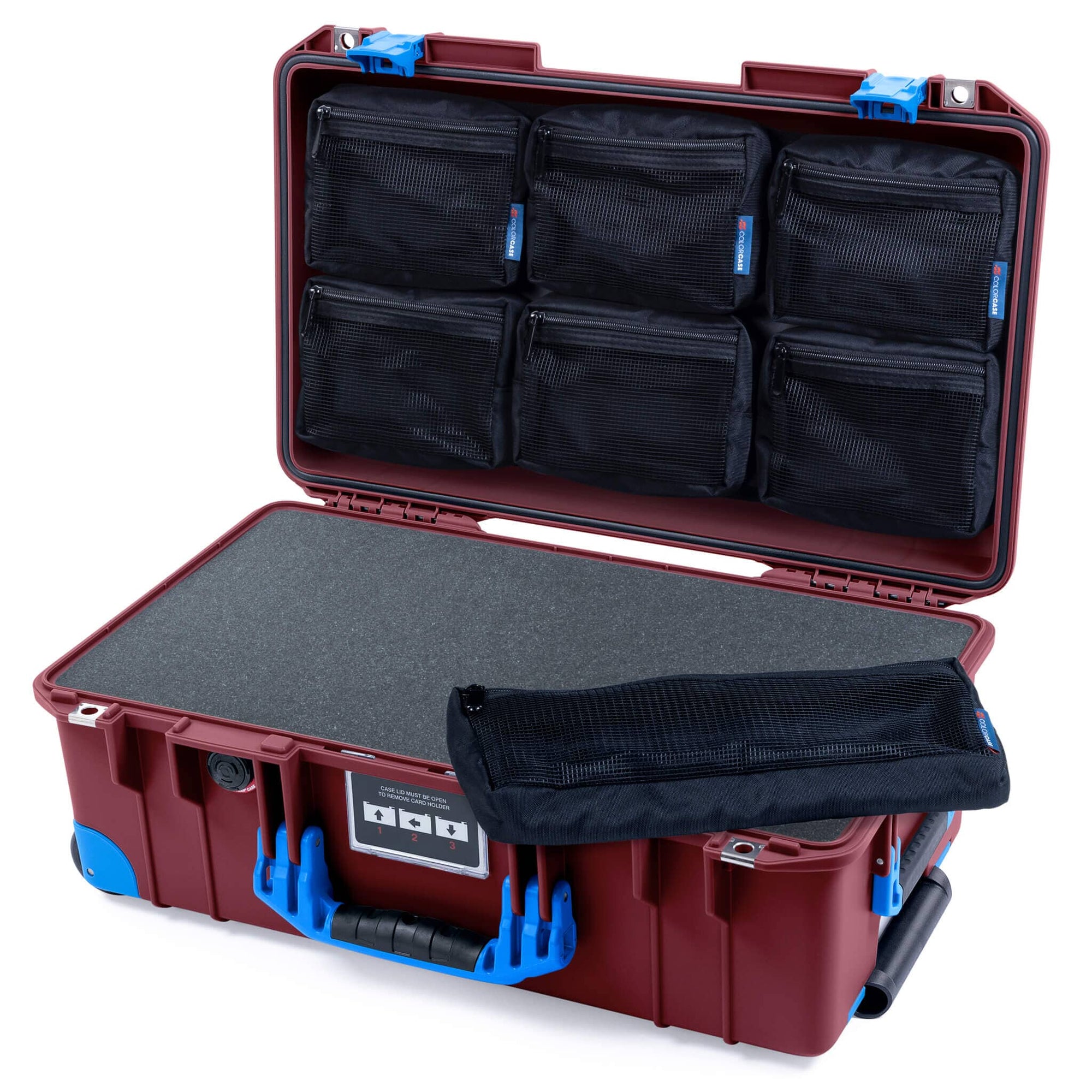 Pelican 1535 Air Case, Oxblood with Blue Handles, Latches & Trolley Pick & Pluck Foam with 7-Piece Removable Mesh Pouches ColorCase 015350-0701-510-121-120