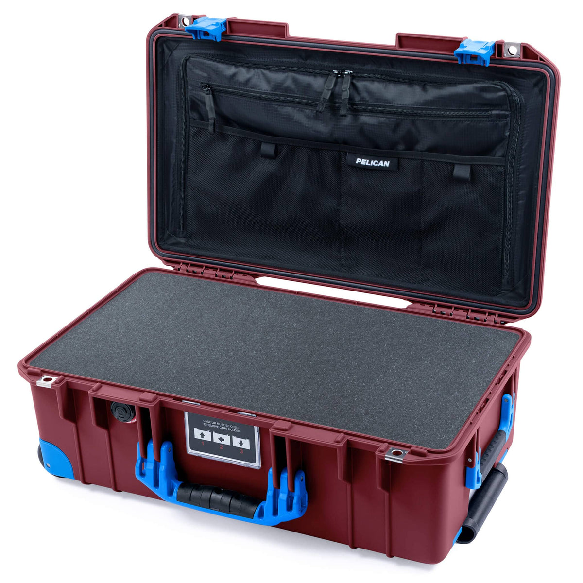 Pelican 1535 Air Case, Oxblood with Blue Handles, Latches &amp; Trolley Pick &amp; Pluck Foam with TRVL Combo-Pouch Lid Organizer ColorCase 015350-0301-510-121-120