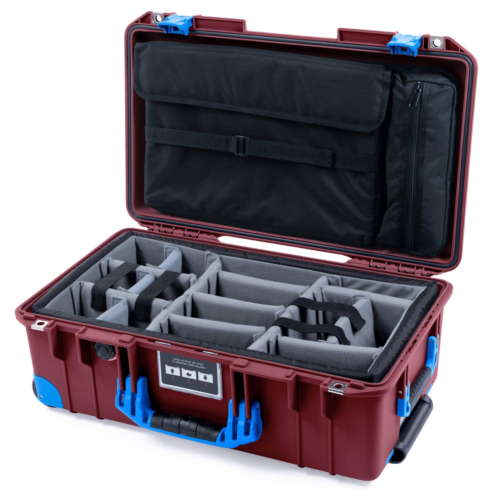 Pelican 1535 Air Case, Oxblood with Blue Handles, Latches & Trolley Gray Padded Microfiber Dividers with Laptop Computer Lid Pouch ColorCase 015350-0270-510-121-120