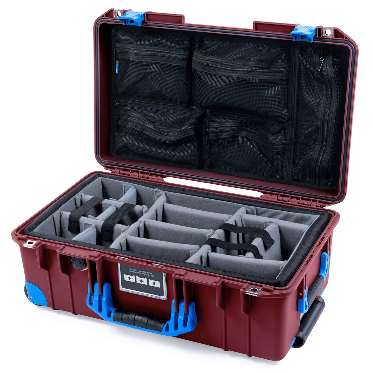 Pelican 1535 Air Case, Oxblood with Blue Handles, Latches &amp; Trolley Gray Padded Microfiber Dividers with Mesh Lid Organizer ColorCase 015350-0170-510-121-120