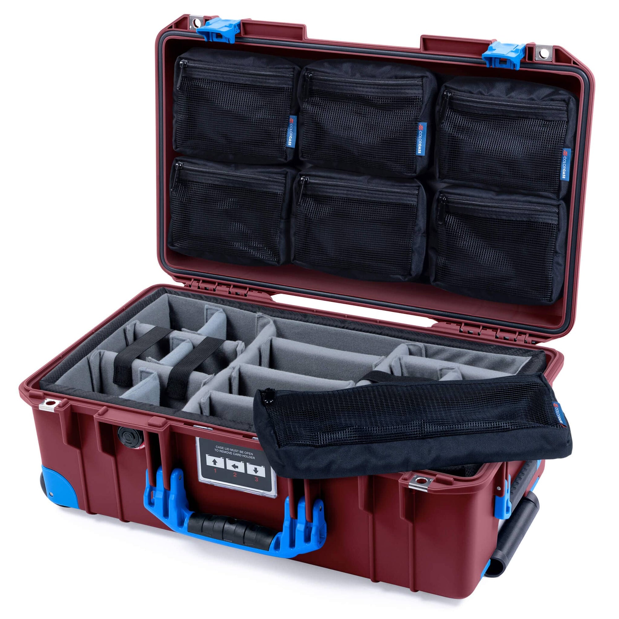 Pelican 1535 Air Case, Oxblood with Blue Handles, Latches & Trolley Gray Padded Microfiber Dividers with 7-Piece Removable Mesh Pouches ColorCase 015350-0770-510-121-120