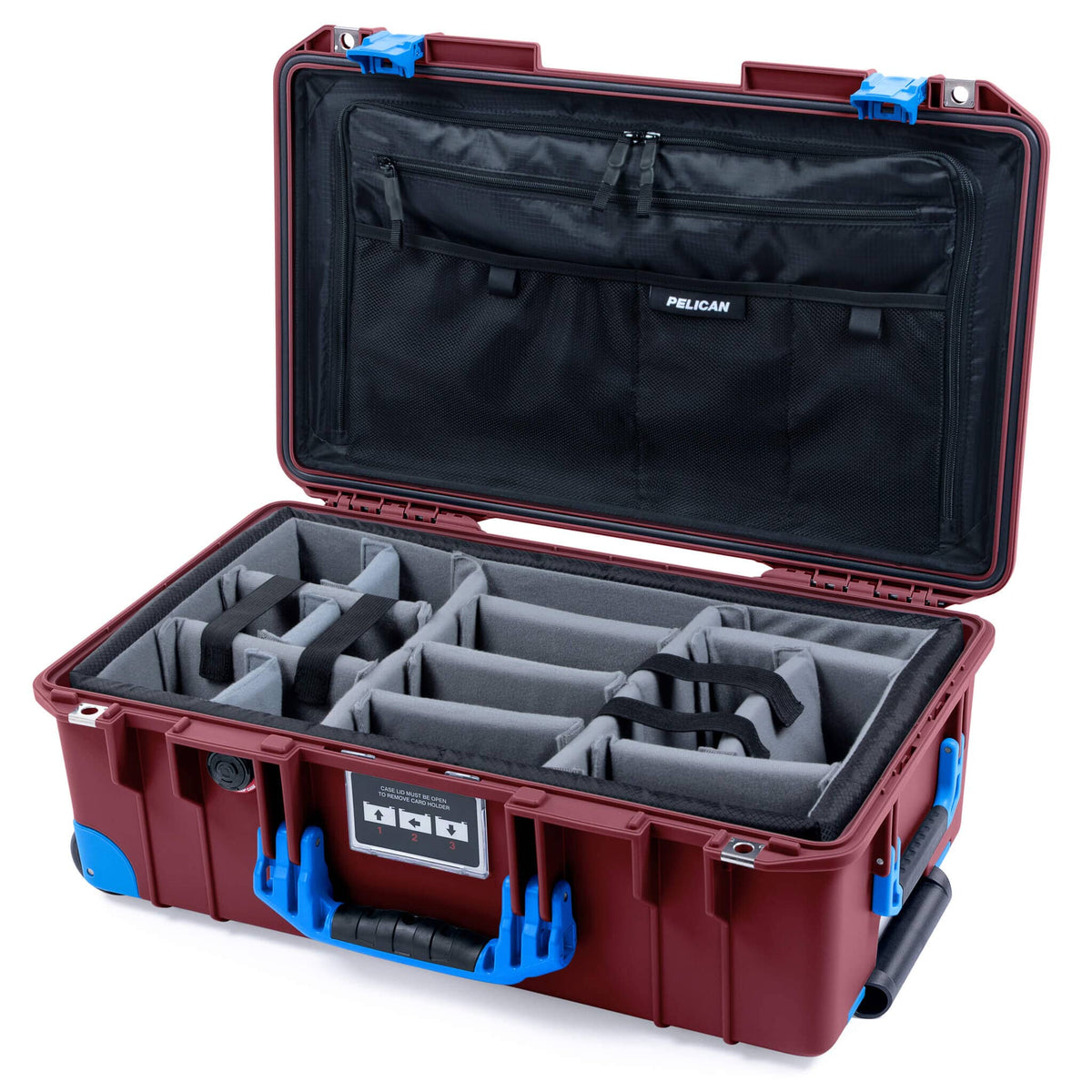 Pelican 1535 Air Case, Oxblood with Blue Handles, Latches &amp; Trolley Gray Padded Microfiber Dividers with TRVL Combo-Pouch Lid Organizer ColorCase 015350-0370-510-121-120