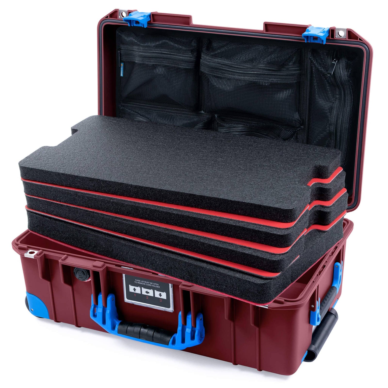 Pelican 1535 Air Case, Oxblood with Blue Handles, Latches & Trolley Custom Tool Kit (4 Foam Inserts with Mesh Lid Organizers) ColorCase 015350-0160-510-121-120