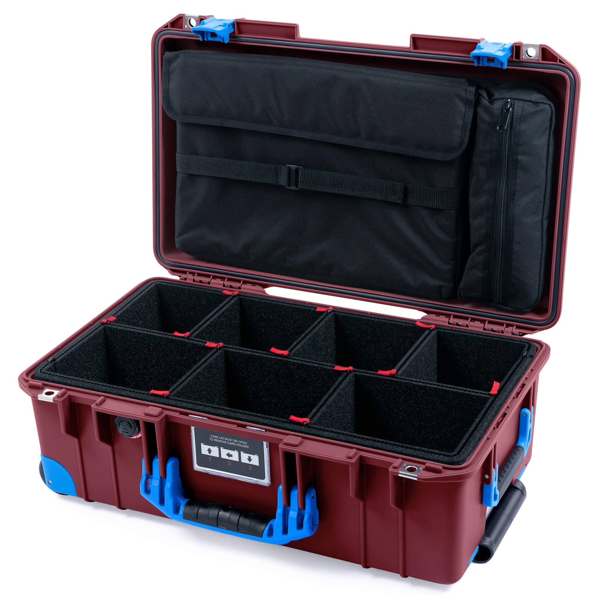 Pelican 1535 Air Case, Oxblood with Blue Handles, Latches & Trolley TrekPak Divider System with Laptop Computer Lid Pouch ColorCase 015350-0220-510-121-120