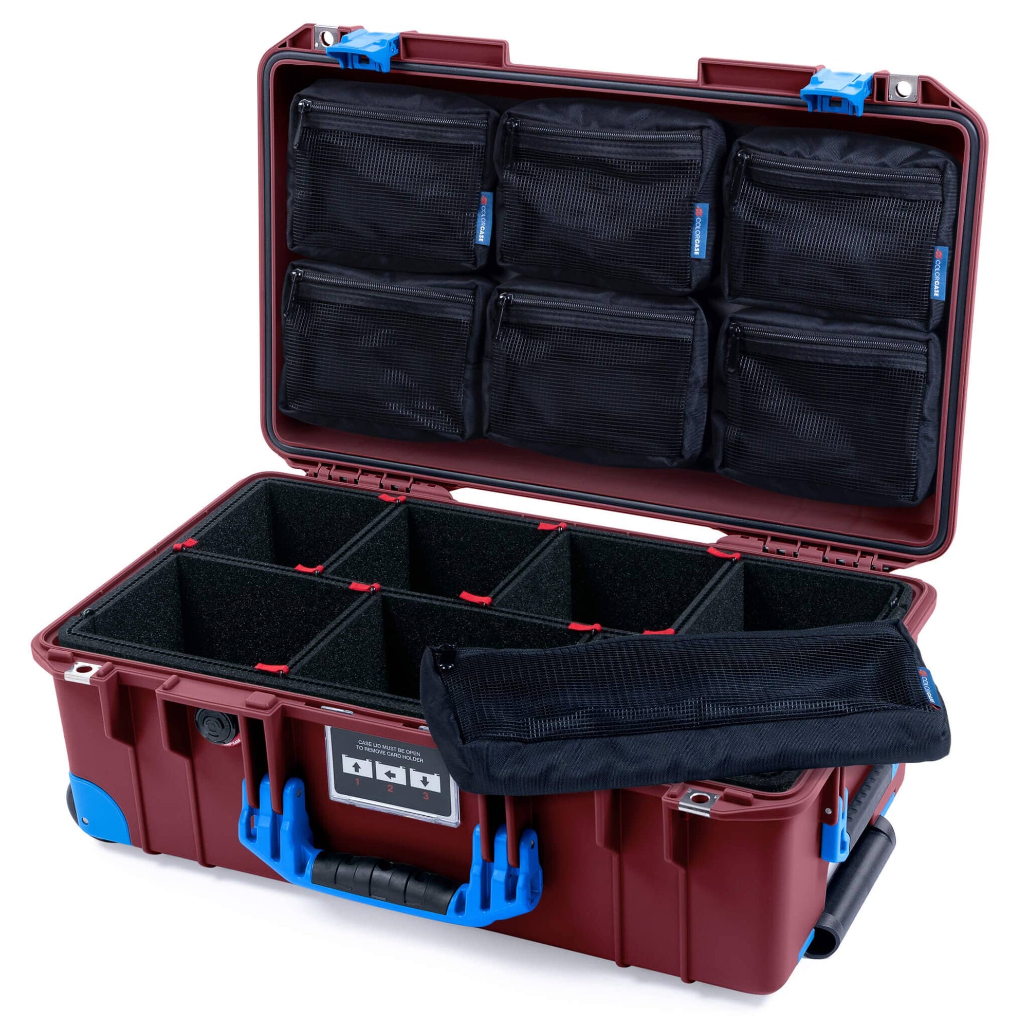 Pelican 1535 Air Case, Oxblood with Blue Handles, Latches & Trolley TrekPak Divider System with 7-Piece Removable Mesh Pouches ColorCase 015350-0720-510-121-120
