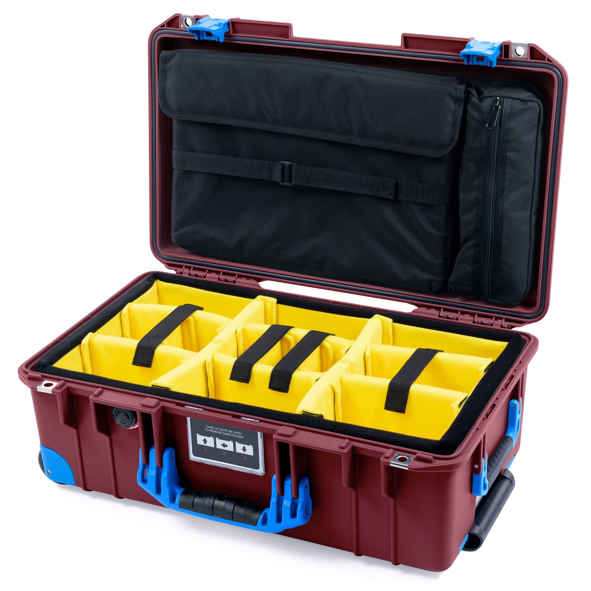 Pelican 1535 Air Case, Oxblood with Blue Handles, Latches & Trolley Yellow Padded Microfiber Dividers with Laptop Computer Lid Pouch ColorCase 015350-0210-510-121-120