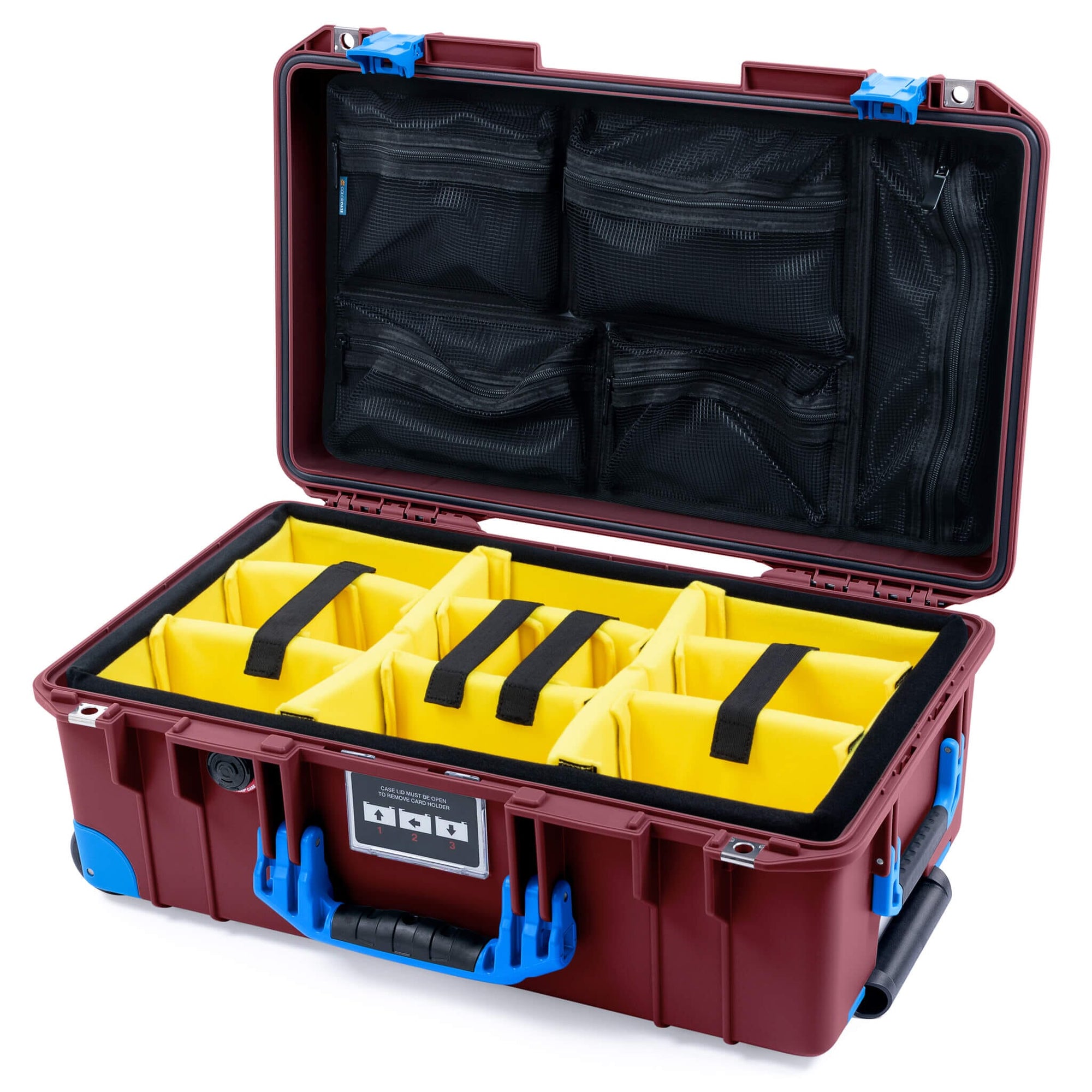 Pelican 1535 Air Case, Oxblood with Blue Handles, Latches & Trolley Yellow Padded Microfiber Dividers with Mesh Lid Organizer ColorCase 015350-0110-510-121-120