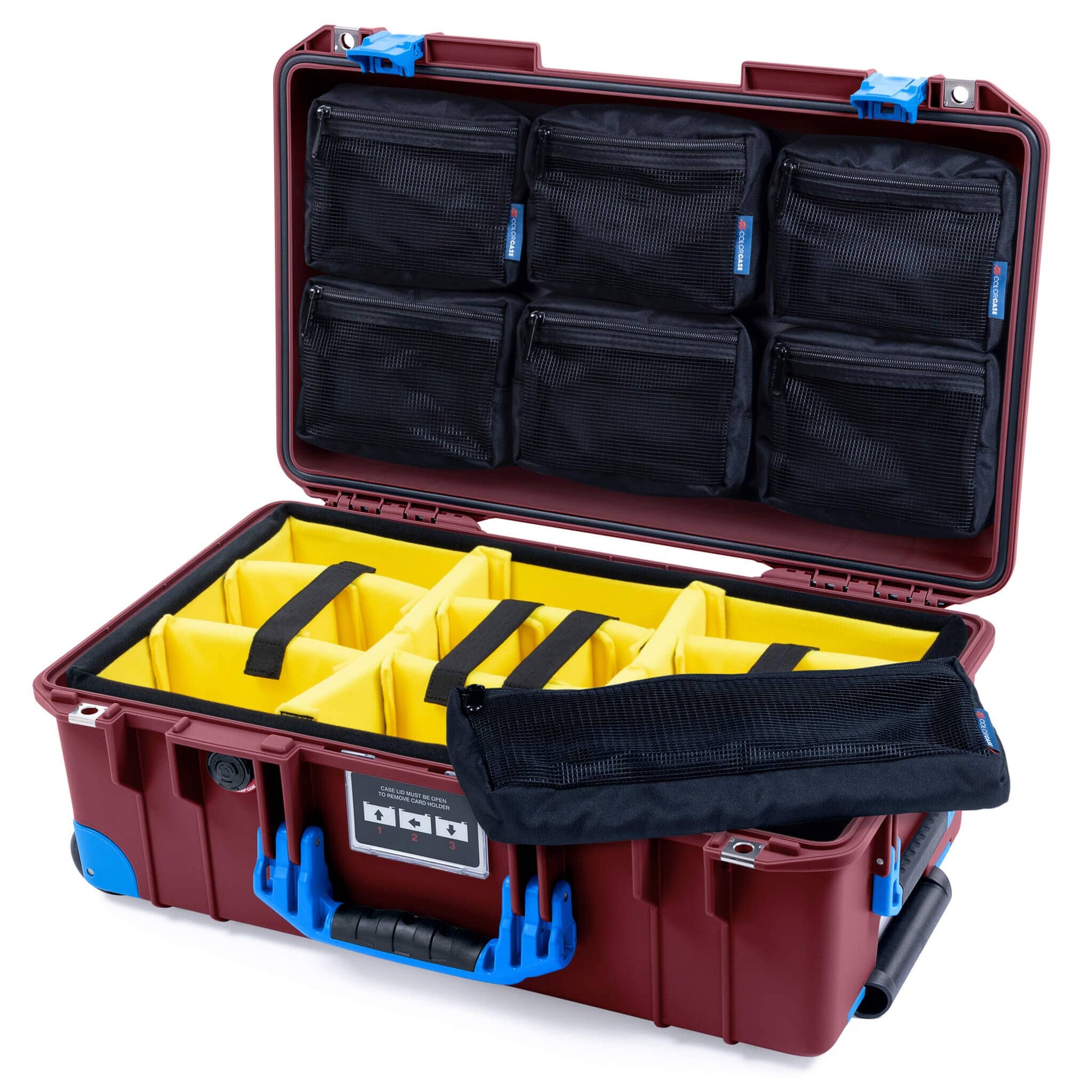 Pelican 1535 Air Case, Oxblood with Blue Handles, Latches & Trolley Yellow Padded Microfiber Dividers with 7-Piece Removable Mesh Pouches ColorCase 015350-0710-510-121-120