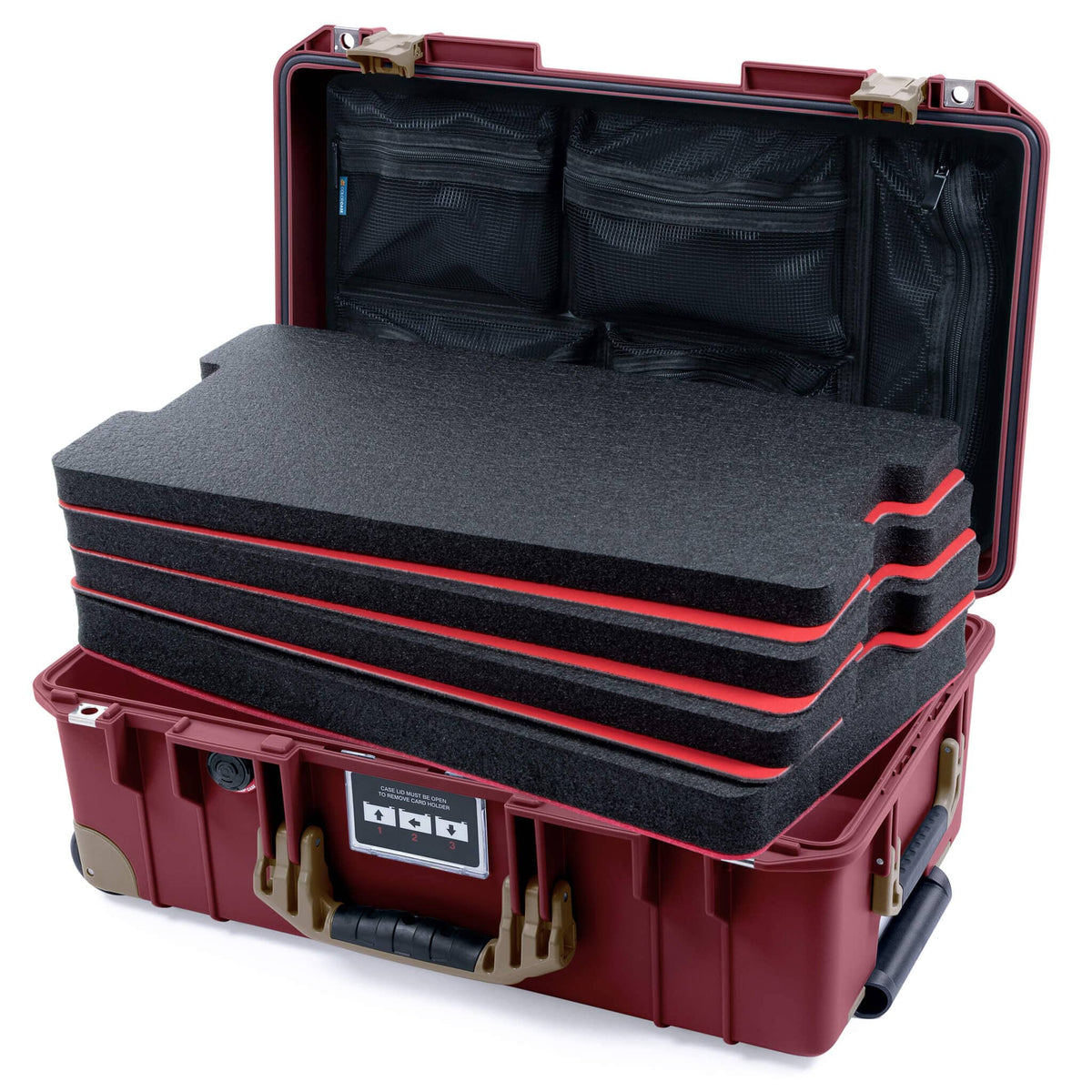 Pelican 1535 Air Case, Oxblood with Dark Desert Dirt Handles, Latches &amp; Trolley Custom Tool Kit (4 Foam Inserts with Mesh Lid Organizers) ColorCase 015350-0160-510-581-580