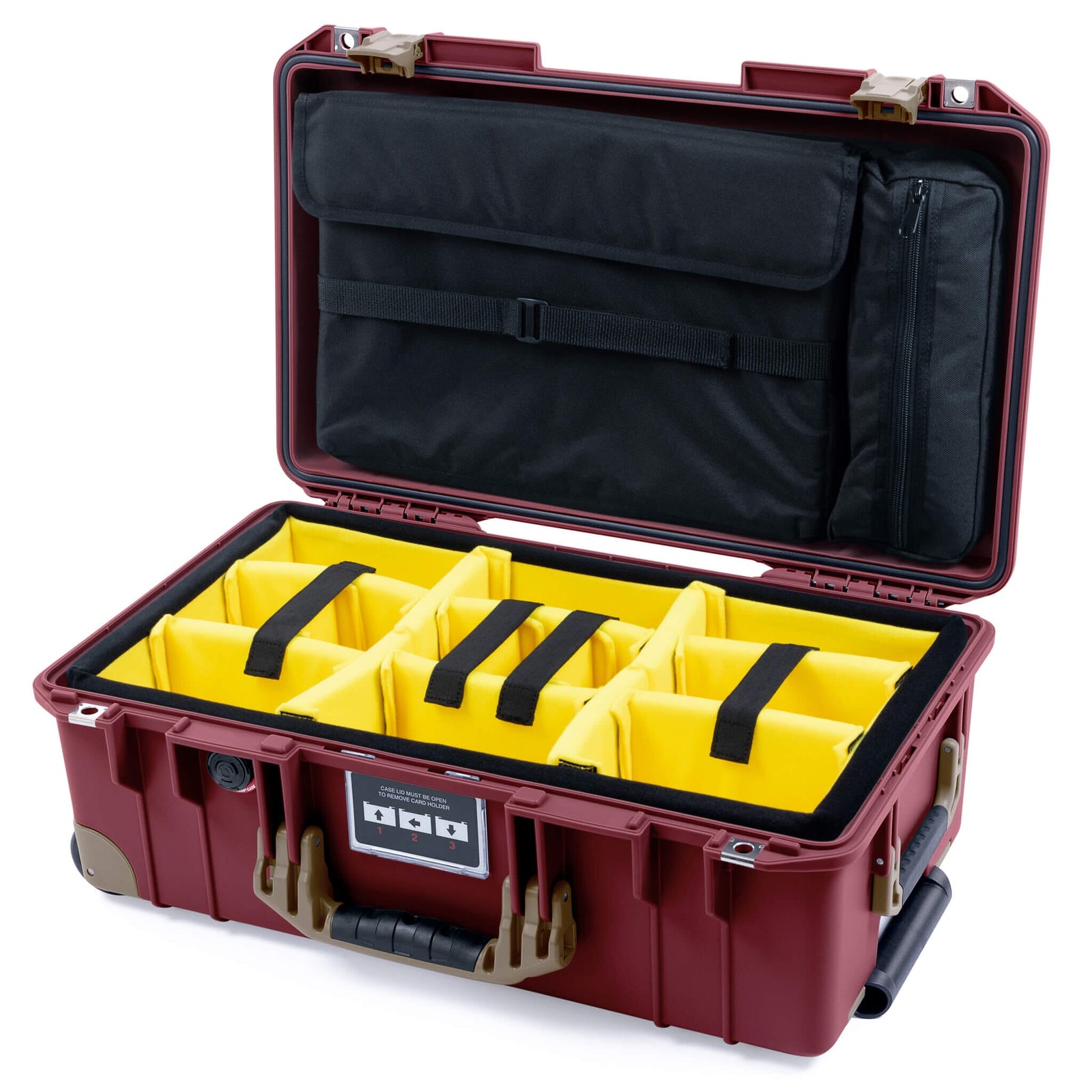 Pelican 1535 Air Case, Oxblood with Dark Desert Dirt Handles, Latches & Trolley Yellow Padded Microfiber Dividers with Laptop Computer Lid Pouch ColorCase 015350-0210-510-581-580