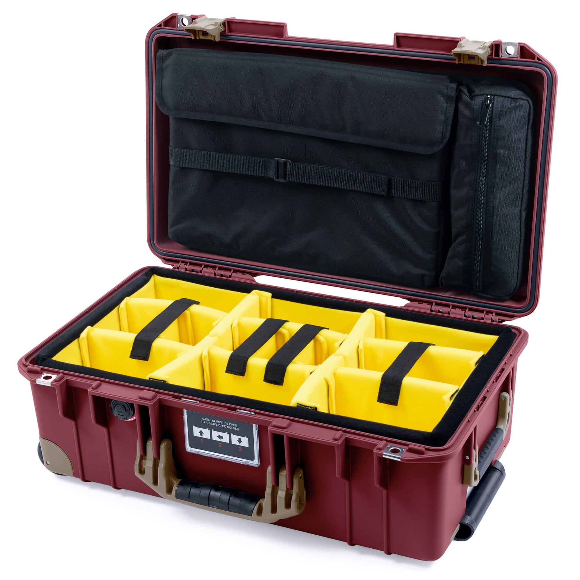 Pelican 1535 Air Case, Oxblood with Dark Desert Dirt Handles, Latches & Trolley Yellow Padded Microfiber Dividers with Laptop Computer Lid Pouch ColorCase 015350-0210-510-581-580