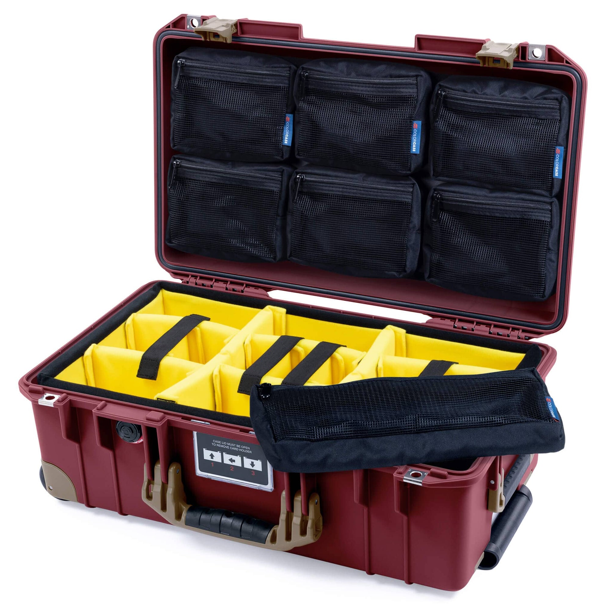 Pelican 1535 Air Case, Oxblood with Dark Desert Dirt Handles, Latches & Trolley Yellow Padded Microfiber Dividers with 7-Piece Removable Mesh Pouches ColorCase 015350-0710-510-581-580