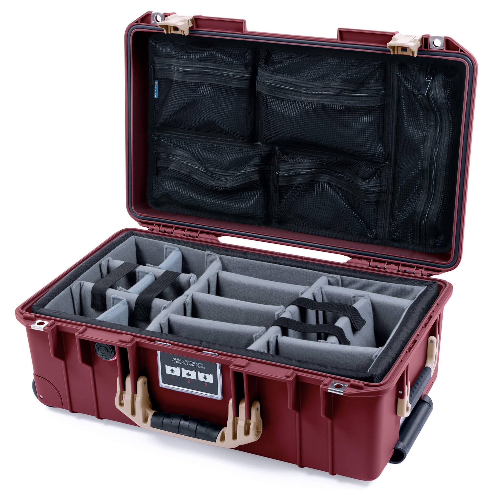 Pelican 1535 Air Case, Oxblood with Desert Tan Handles & Latches Gray Padded Microfiber Dividers with Mesh Lid Organizer ColorCase 015350-0170-510-311