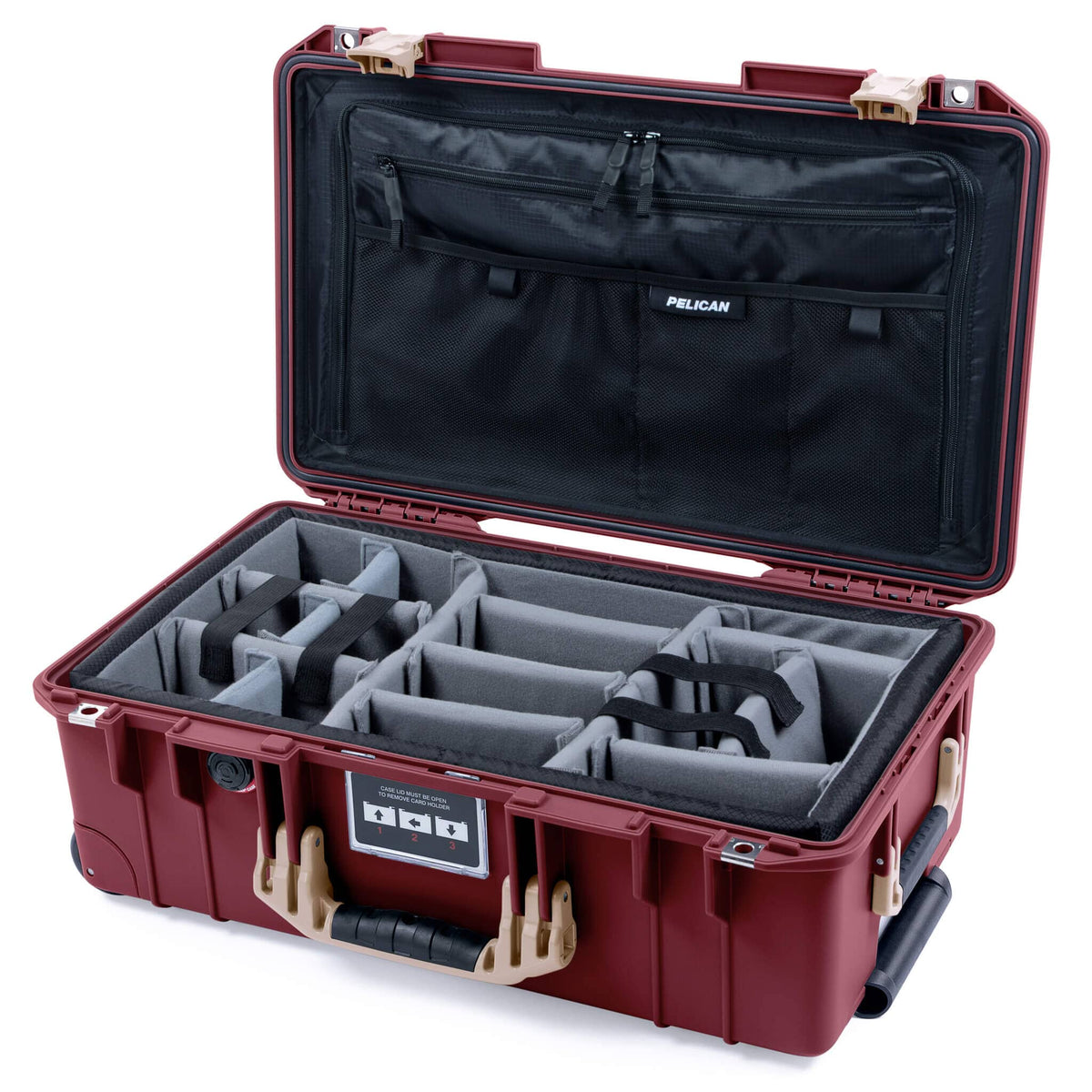 Pelican 1535 Air Case, Oxblood with Desert Tan Handles &amp; Latches Gray Padded Microfiber Dividers with TRVL Combo-Pouch Lid Organizer ColorCase 015350-0370-510-311
