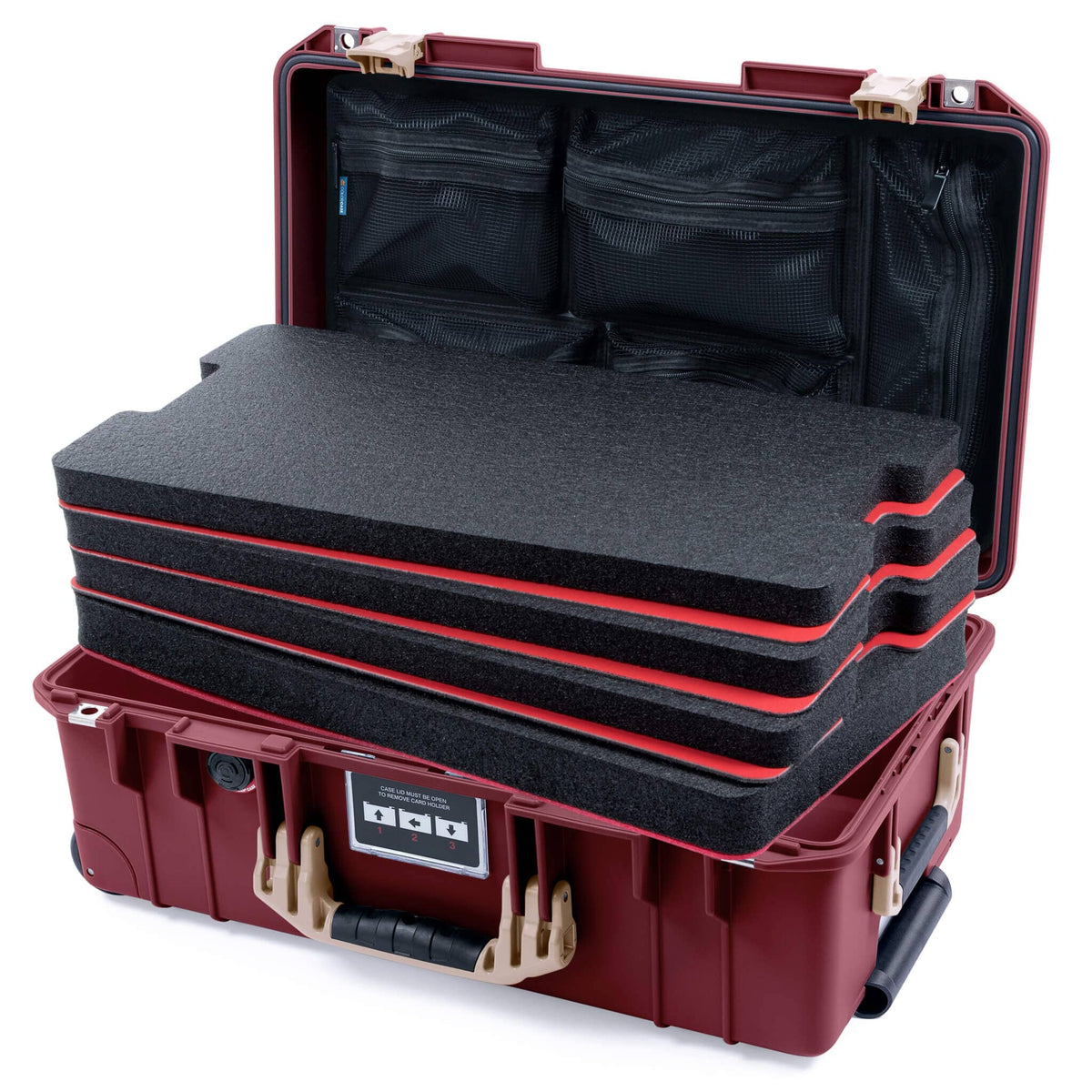 Pelican 1535 Air Case, Oxblood with Desert Tan Handles &amp; Latches Custom Tool Kit (4 Foam Inserts with Mesh Lid Organizers) ColorCase 015350-0160-510-311