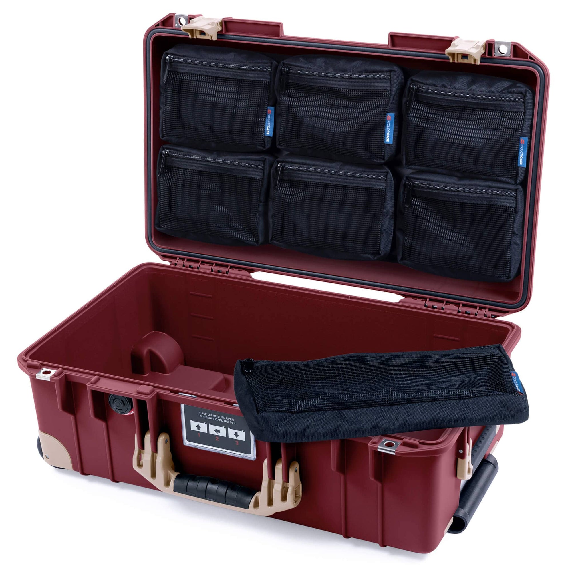 Pelican 1535 Air Case, Oxblood with Desert Tan Handles, Latches & Trolley 7-Piece Removable Mesh Pouches Only ColorCase 015350-0700-510-311-310