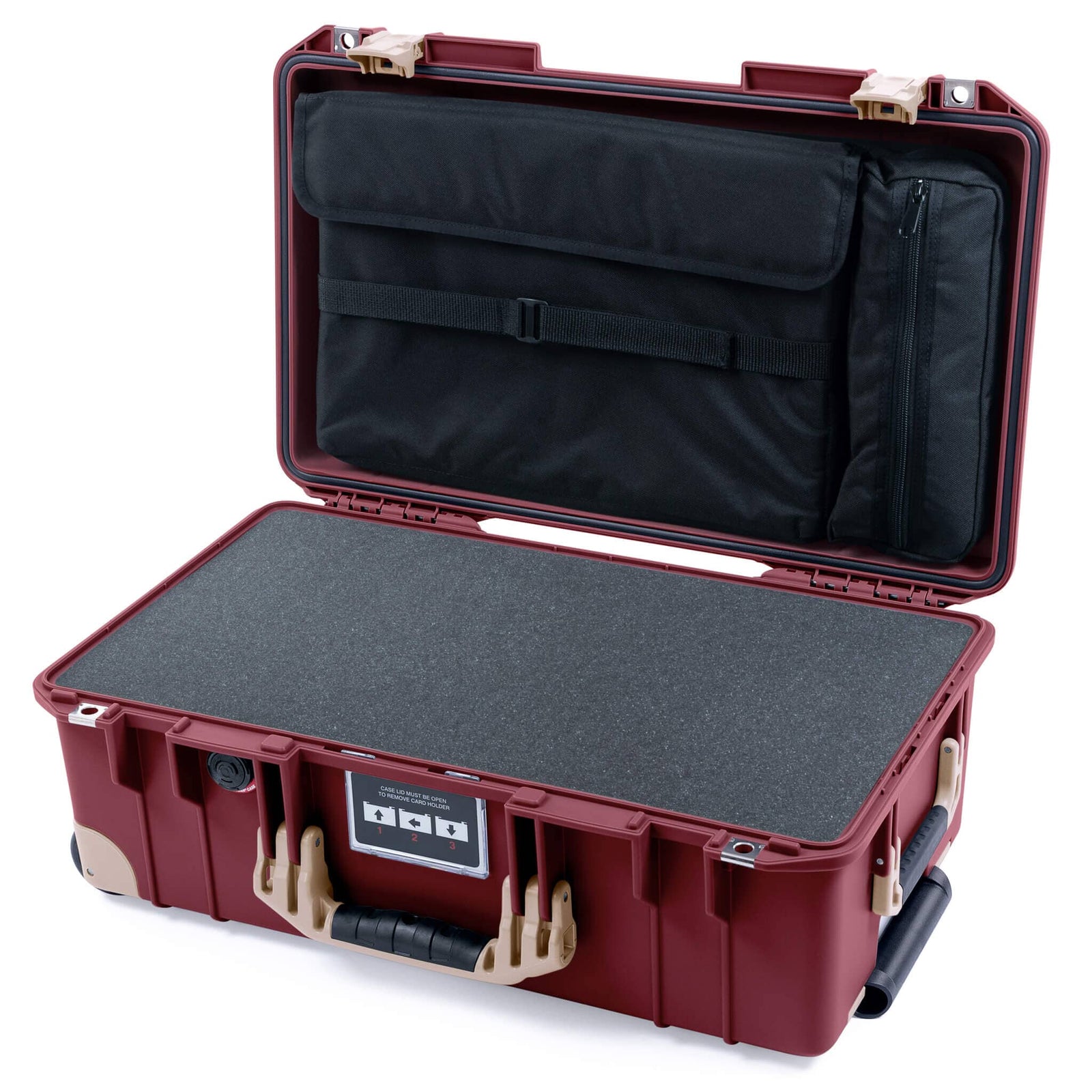 Pelican 1535 Air Case, Oxblood with Desert Tan Handles, Latches & Trolley Pick & Pluck Foam with Laptop Computer Lid Pouch ColorCase 015350-0201-510-311-310