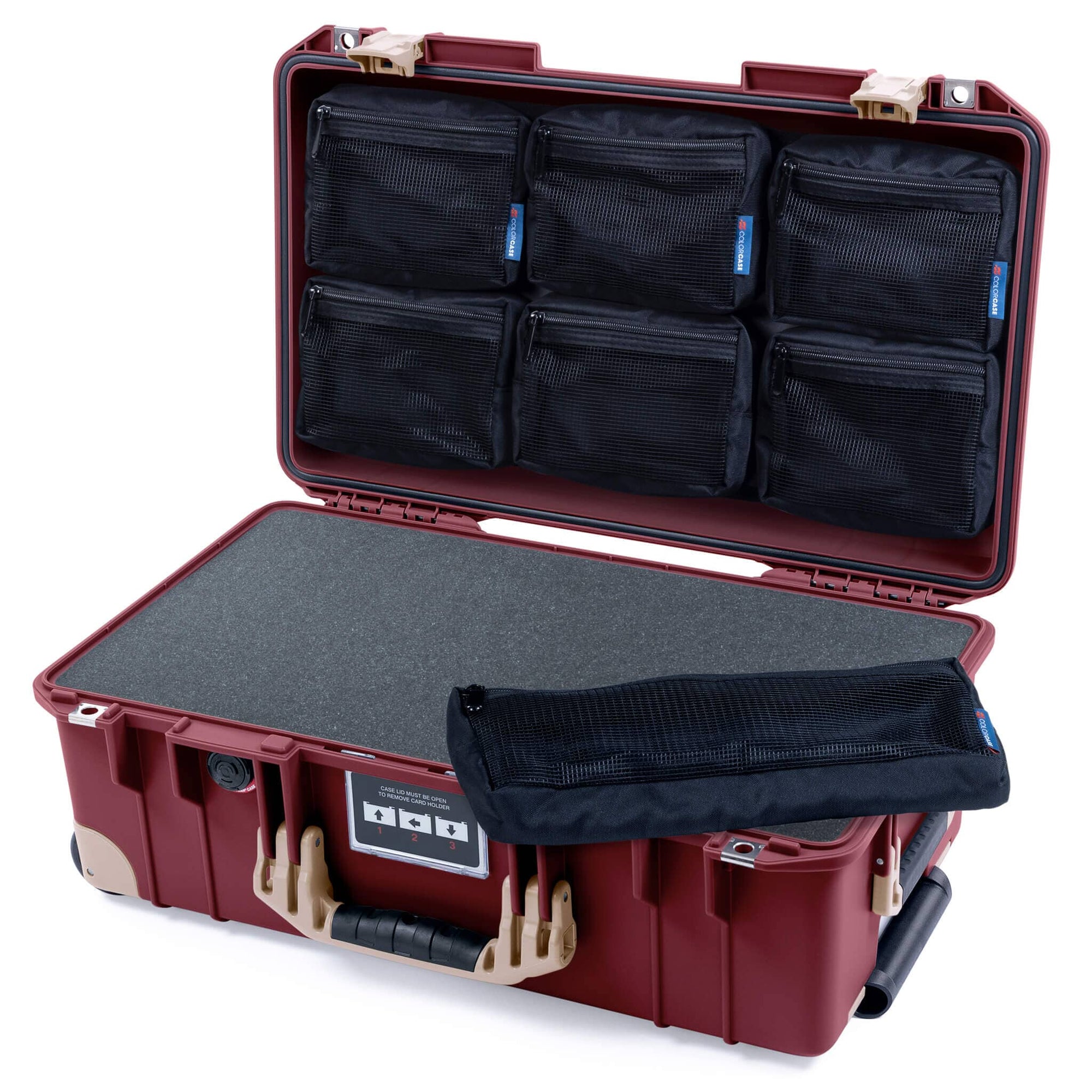 Pelican 1535 Air Case, Oxblood with Desert Tan Handles, Latches & Trolley Pick & Pluck Foam with 7-Piece Removable Mesh Pouches ColorCase 015350-0701-510-311-310