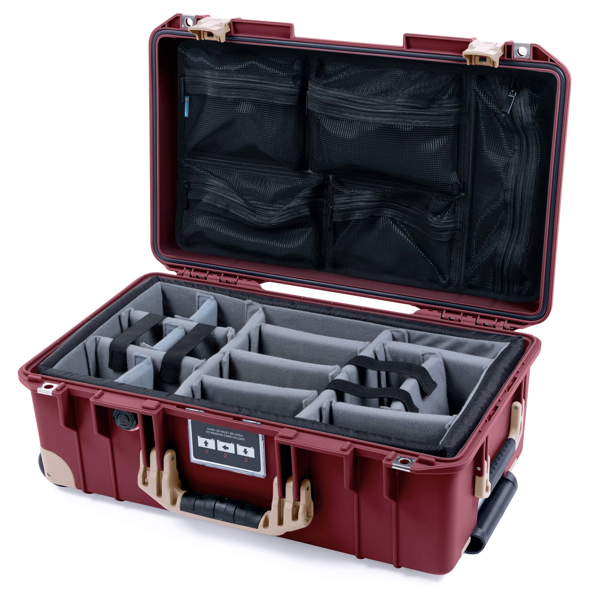 Pelican 1535 Air Case, Oxblood with Desert Tan Handles, Latches & Trolley Gray Padded Microfiber Dividers with Mesh Lid Organizer ColorCase 015350-0170-510-311-310