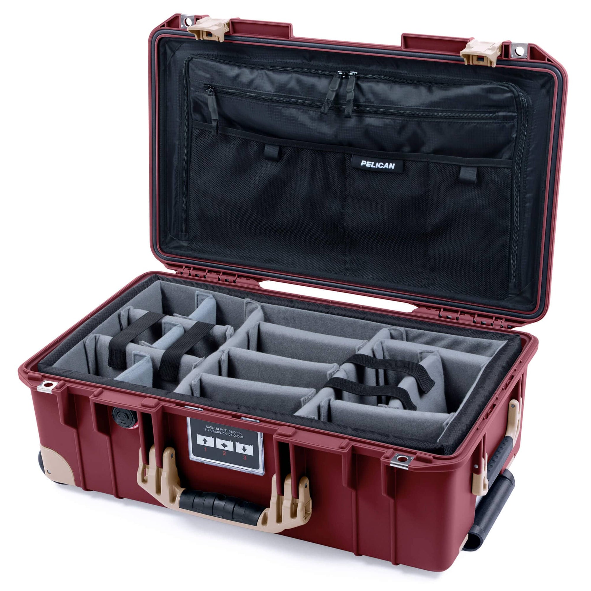 Pelican 1535 Air Case, Oxblood with Desert Tan Handles, Latches & Trolley Gray Padded Microfiber Dividers with TRVL Combo-Pouch Lid Organizer ColorCase 015350-0370-510-311-310