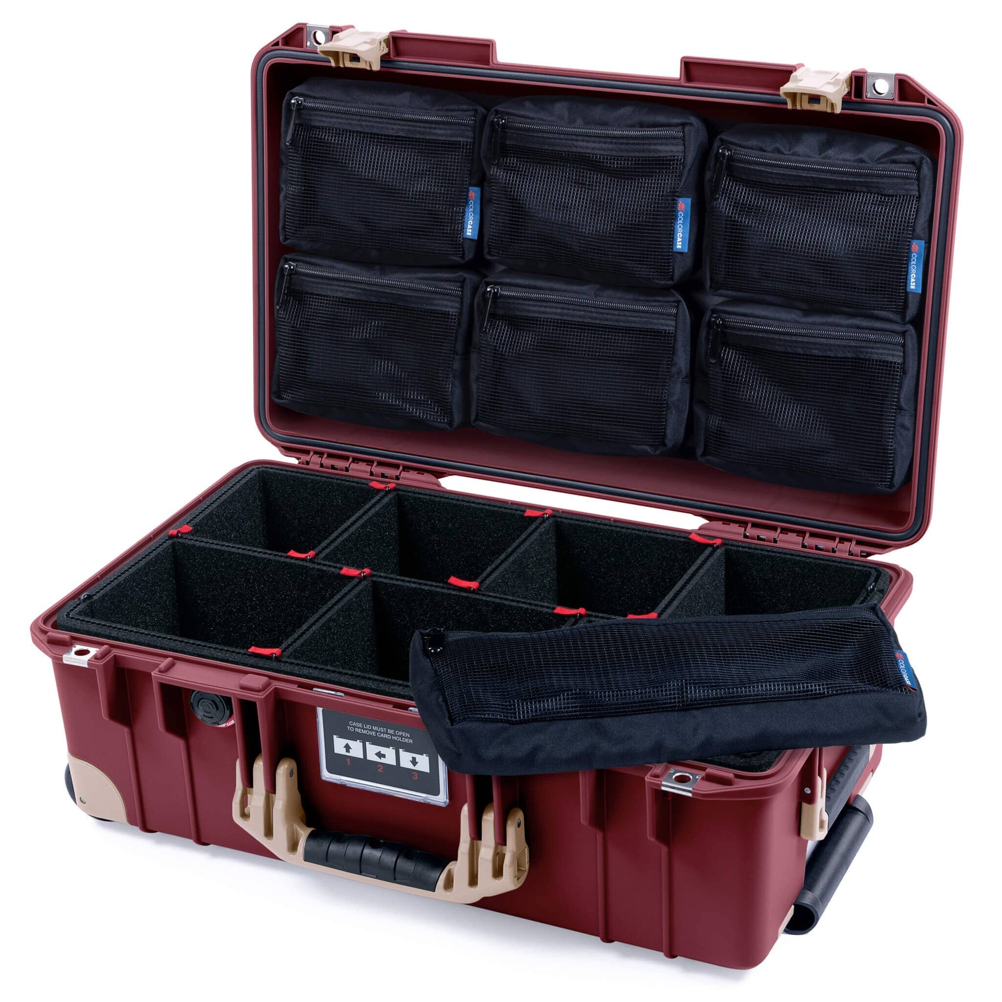 Pelican 1535 Air Case, Oxblood with Desert Tan Handles, Latches & Trolley TrekPak Divider System with 7-Piece Removable Mesh Pouches ColorCase 015350-0720-510-311-310
