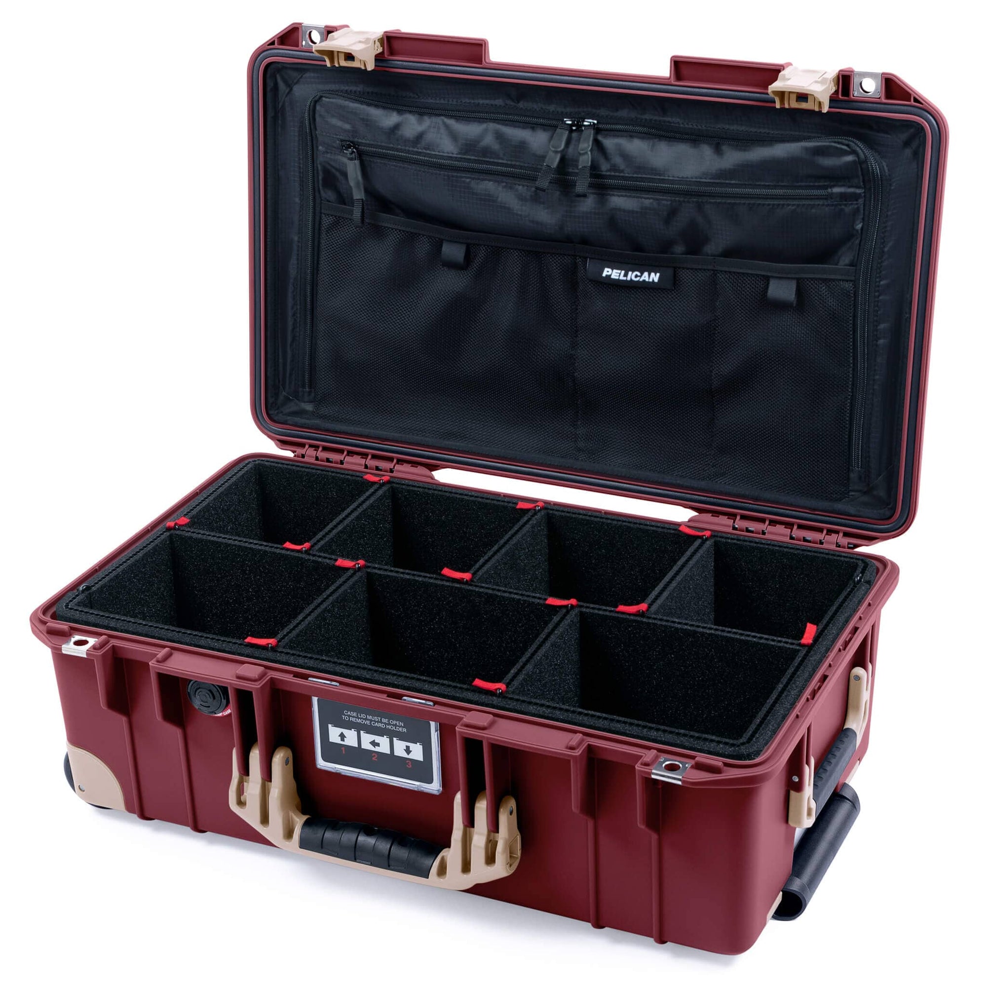 Pelican 1535 Air Case, Oxblood with Desert Tan Handles, Latches & Trolley TrekPak Divider System with TRVL Combo-Pouch Lid Organizer ColorCase 015350-0320-510-311-310