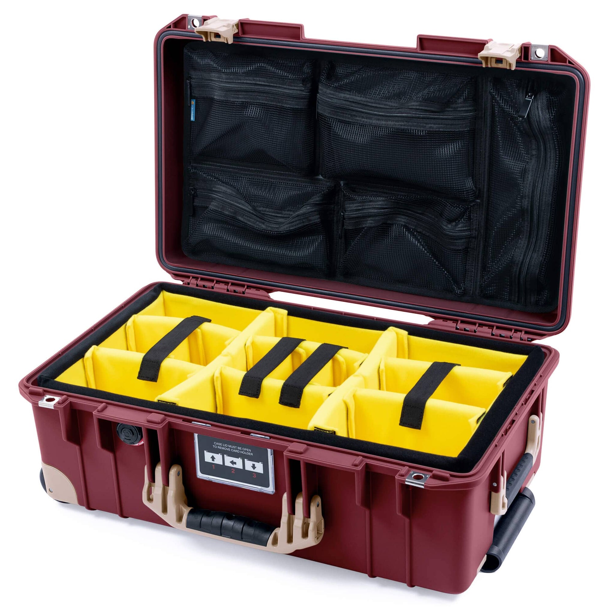 Pelican 1535 Air Case, Oxblood with Desert Tan Handles, Latches & Trolley Yellow Padded Microfiber Dividers with Mesh Lid Organizer ColorCase 015350-0110-510-311-310