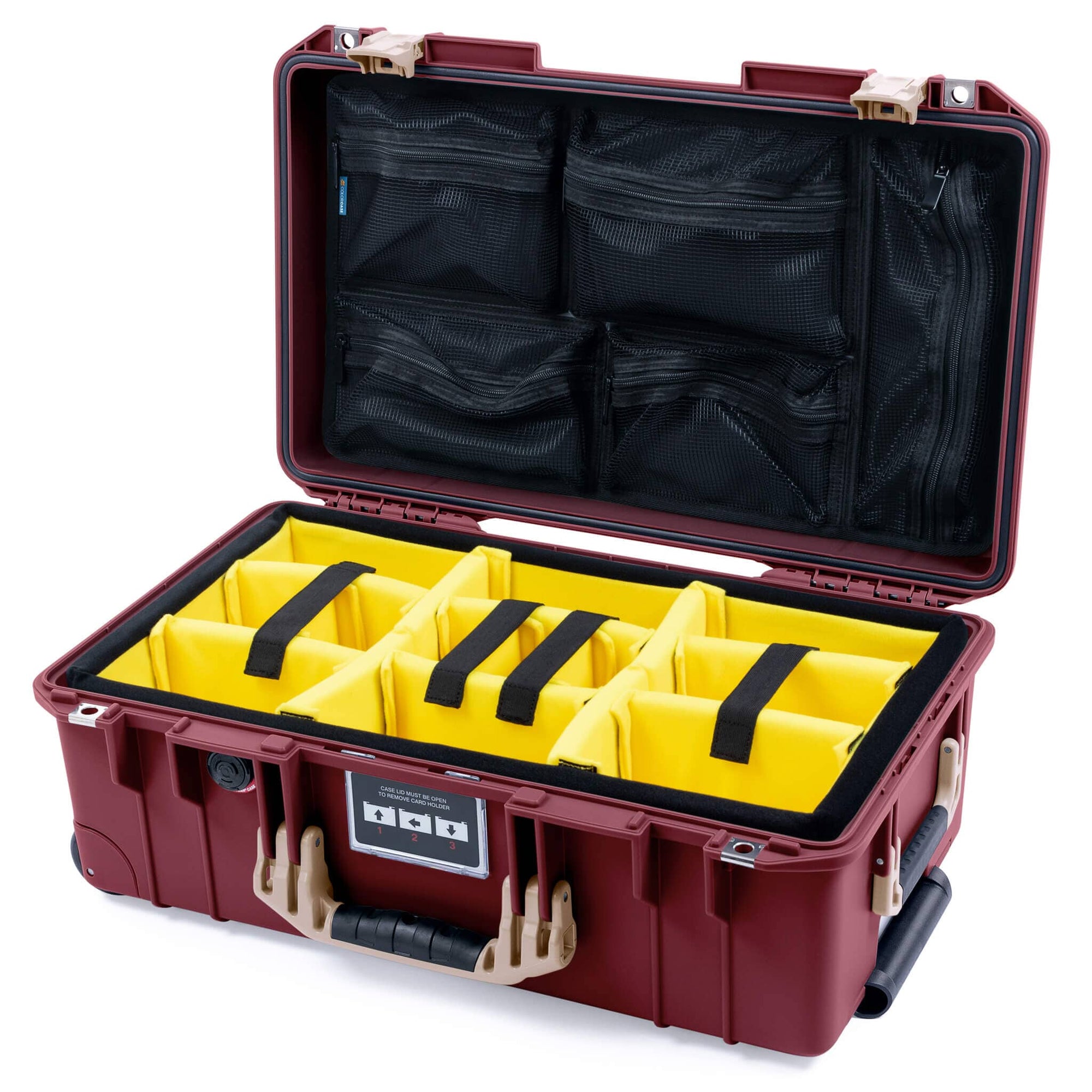 Pelican 1535 Air Case, Oxblood with Desert Tan Handles & Latches Yellow Padded Microfiber Dividers with Mesh Lid Organizer ColorCase 015350-0110-510-311