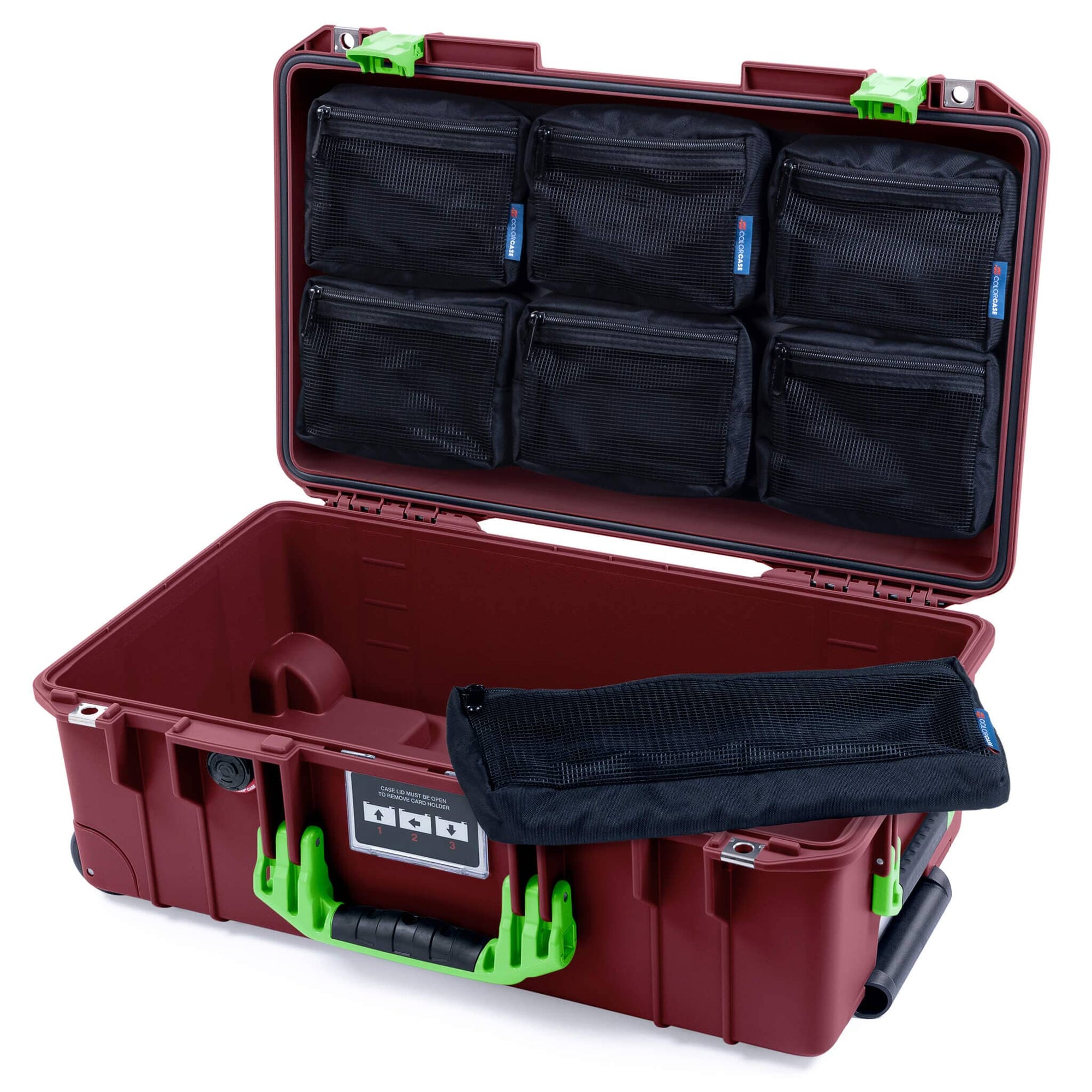 Pelican 1535 Air Case, Oxblood with Lime Green Handles & Latches 7-Piece Removable Mesh Pouches Only ColorCase 015350-0700-510-301