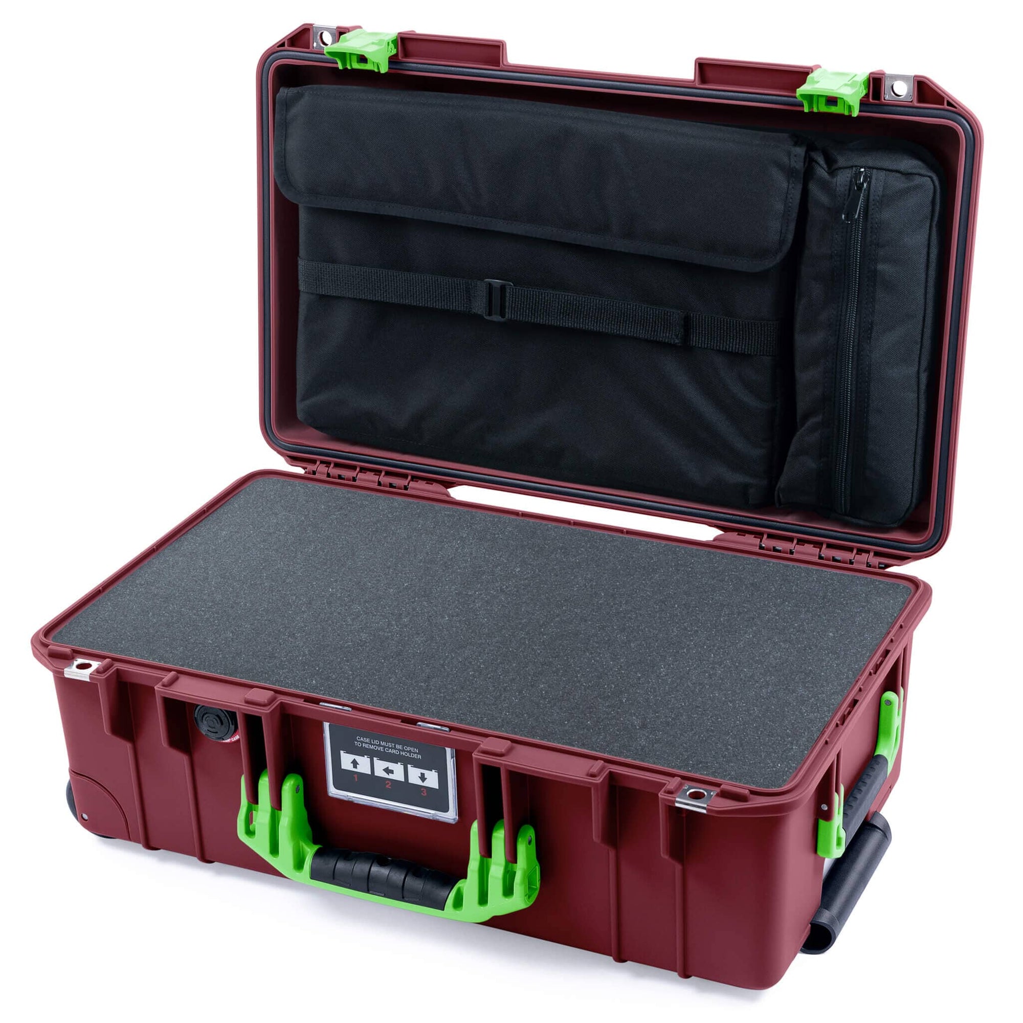 Pelican 1535 Air Case, Oxblood with Lime Green Handles & Latches Pick & Pluck Foam with Laptop Computer Lid Pouch ColorCase 015350-0201-510-301