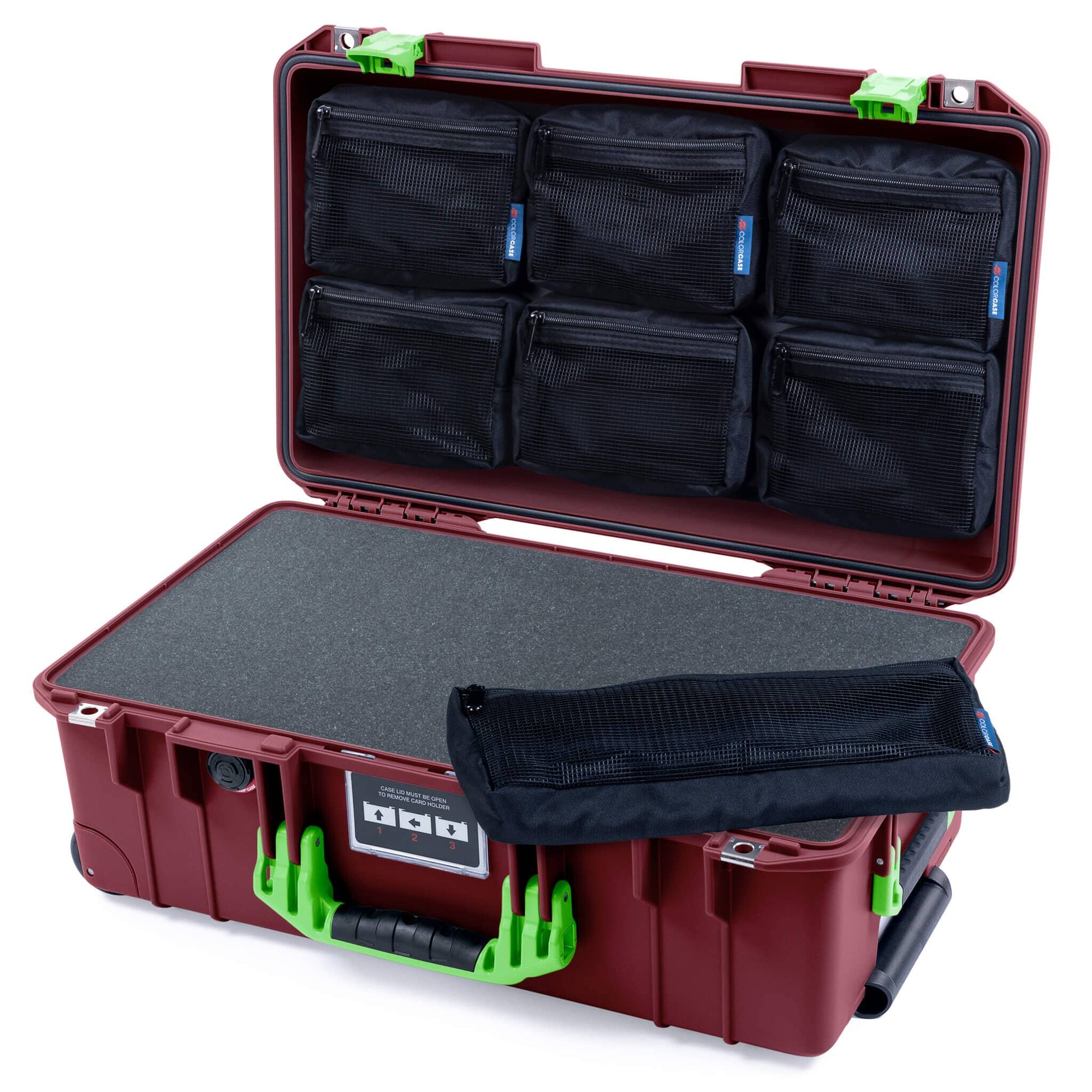 Pelican 1535 Air Case, Oxblood with Lime Green Handles & Latches Pick & Pluck Foam with 7-Piece Removable Mesh Pouches ColorCase 015350-0701-510-301