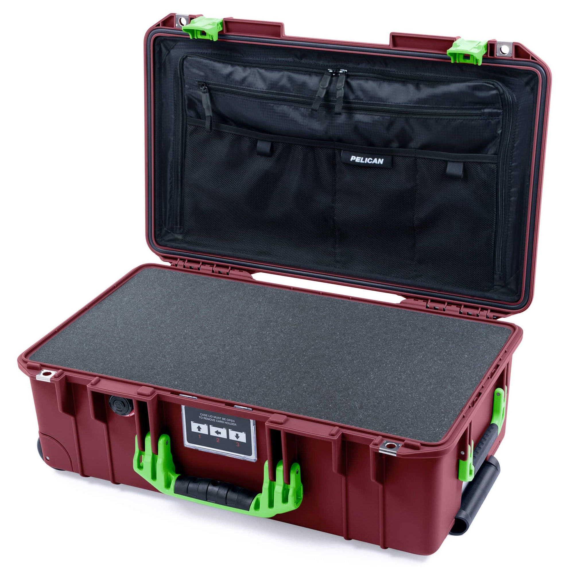 Pelican 1535 Air Case, Oxblood with Lime Green Handles & Latches Pick & Pluck Foam with TRVL Combo-Pouch Lid Organizer ColorCase 015350-0301-510-301