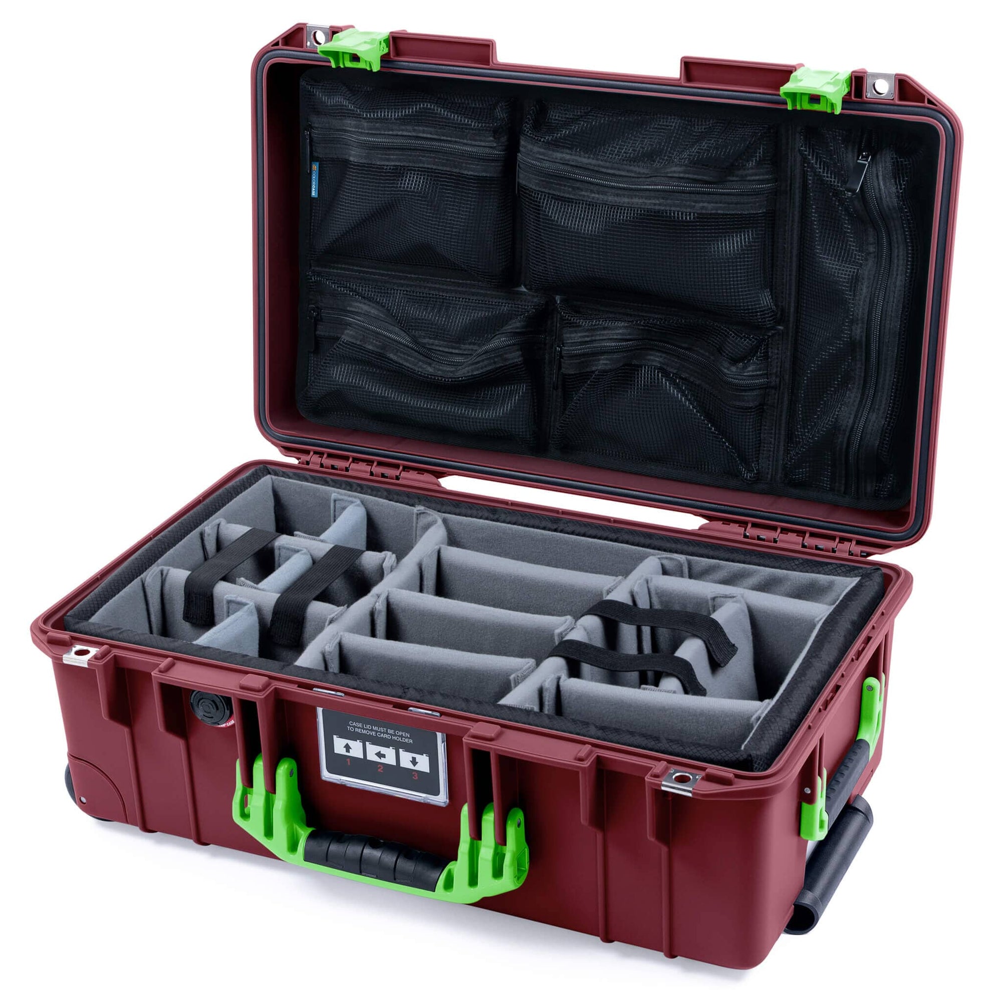 Pelican 1535 Air Case, Oxblood with Lime Green Handles & Latches Gray Padded Microfiber Dividers with Mesh Lid Organizer ColorCase 015350-0170-510-301
