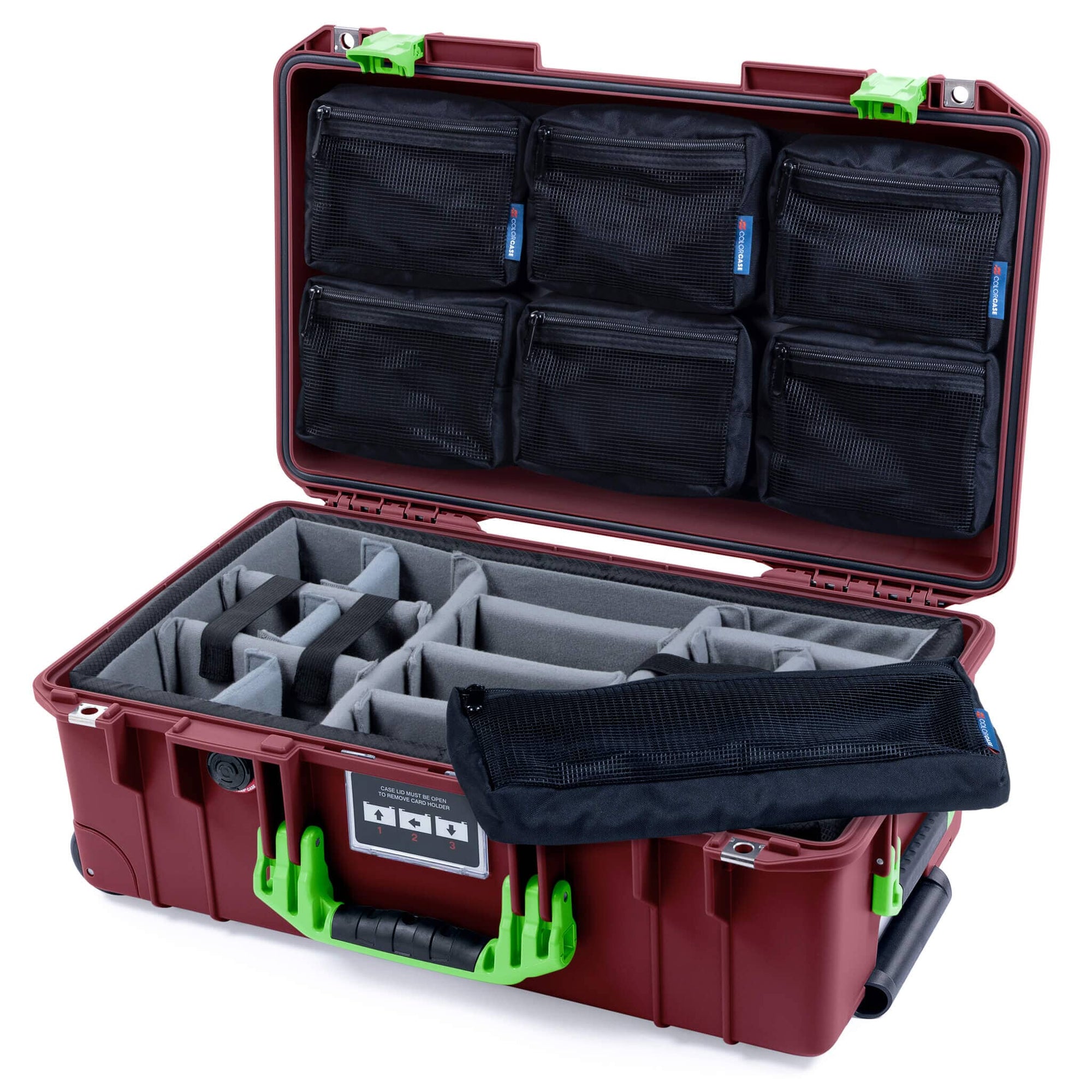 Pelican 1535 Air Case, Oxblood with Lime Green Handles & Latches Gray Padded Microfiber Dividers with 7-Piece Removable Mesh Pouches ColorCase 015350-0770-510-301