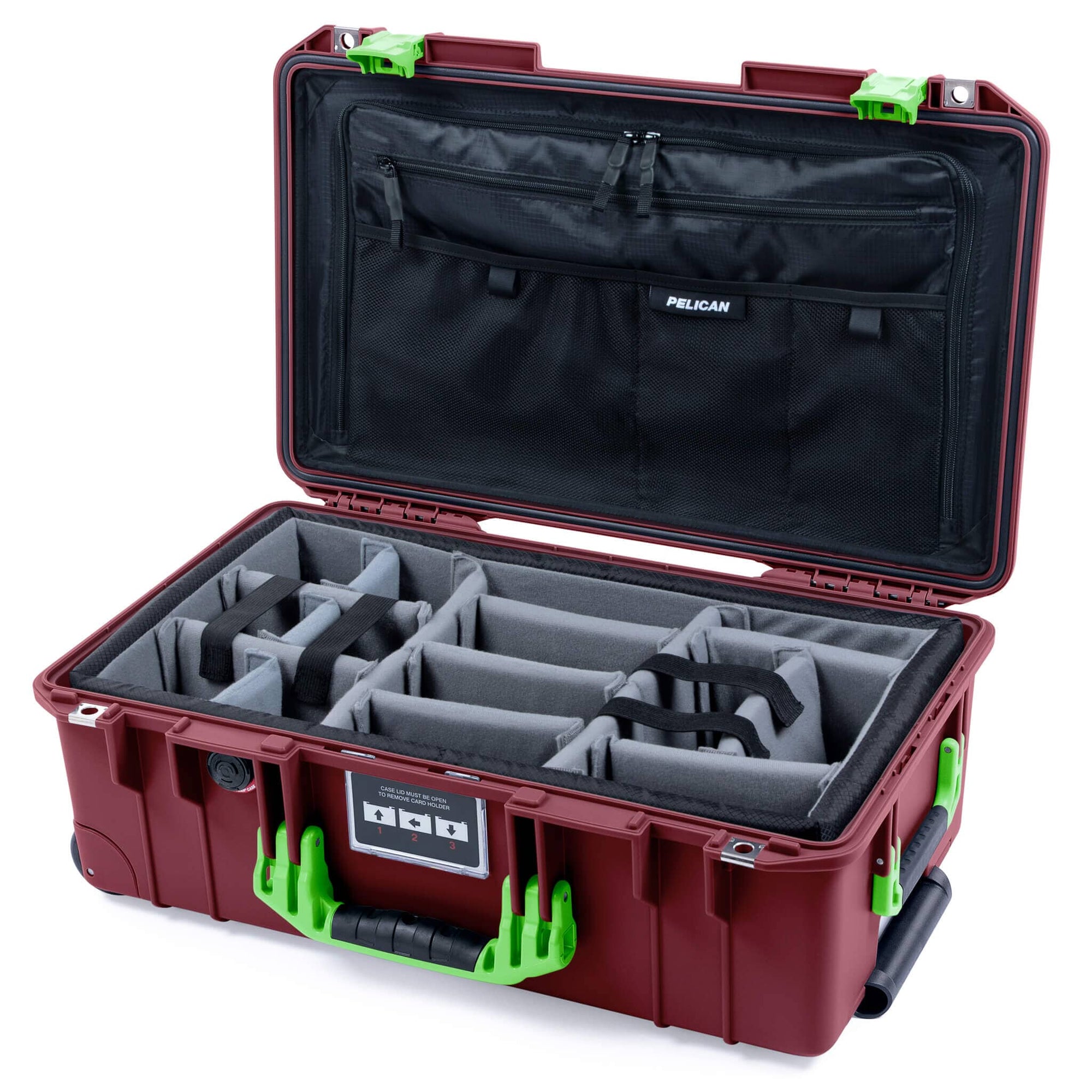 Pelican 1535 Air Case, Oxblood with Lime Green Handles & Latches Gray Padded Microfiber Dividers with TRVL Combo-Pouch Lid Organizer ColorCase 015350-0370-510-301