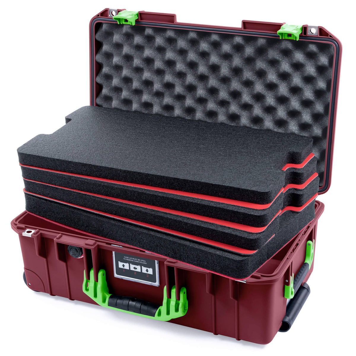Pelican 1535 Air Case, Oxblood with Lime Green Handles &amp; Latches Custom Tool Kit (4 Foam Inserts with Convoluted Lid Foam) ColorCase 015350-0060-510-301