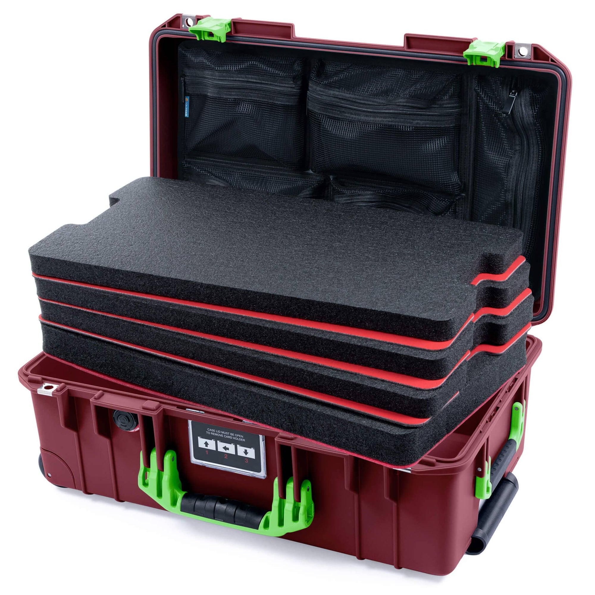 Pelican 1535 Air Case, Oxblood with Lime Green Handles & Latches Custom Tool Kit (4 Foam Inserts with Mesh Lid Organizers) ColorCase 015350-0160-510-301
