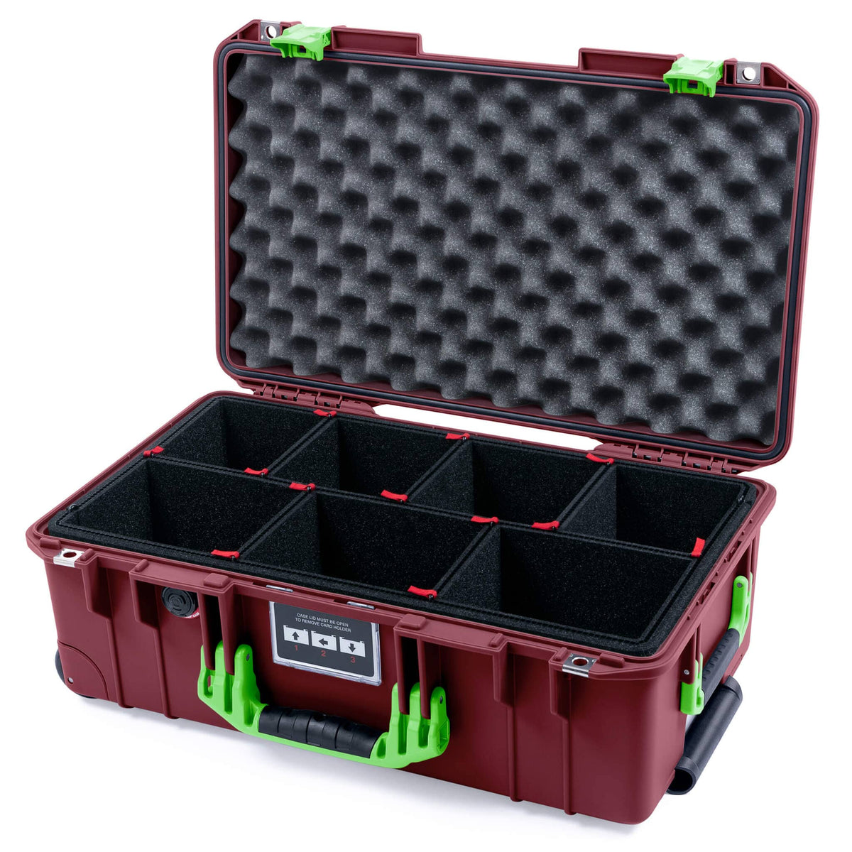 Pelican 1535 Air Case, Oxblood with Lime Green Handles &amp; Latches TrekPak Divider System with Convoluted Lid Foam ColorCase 015350-0020-510-301